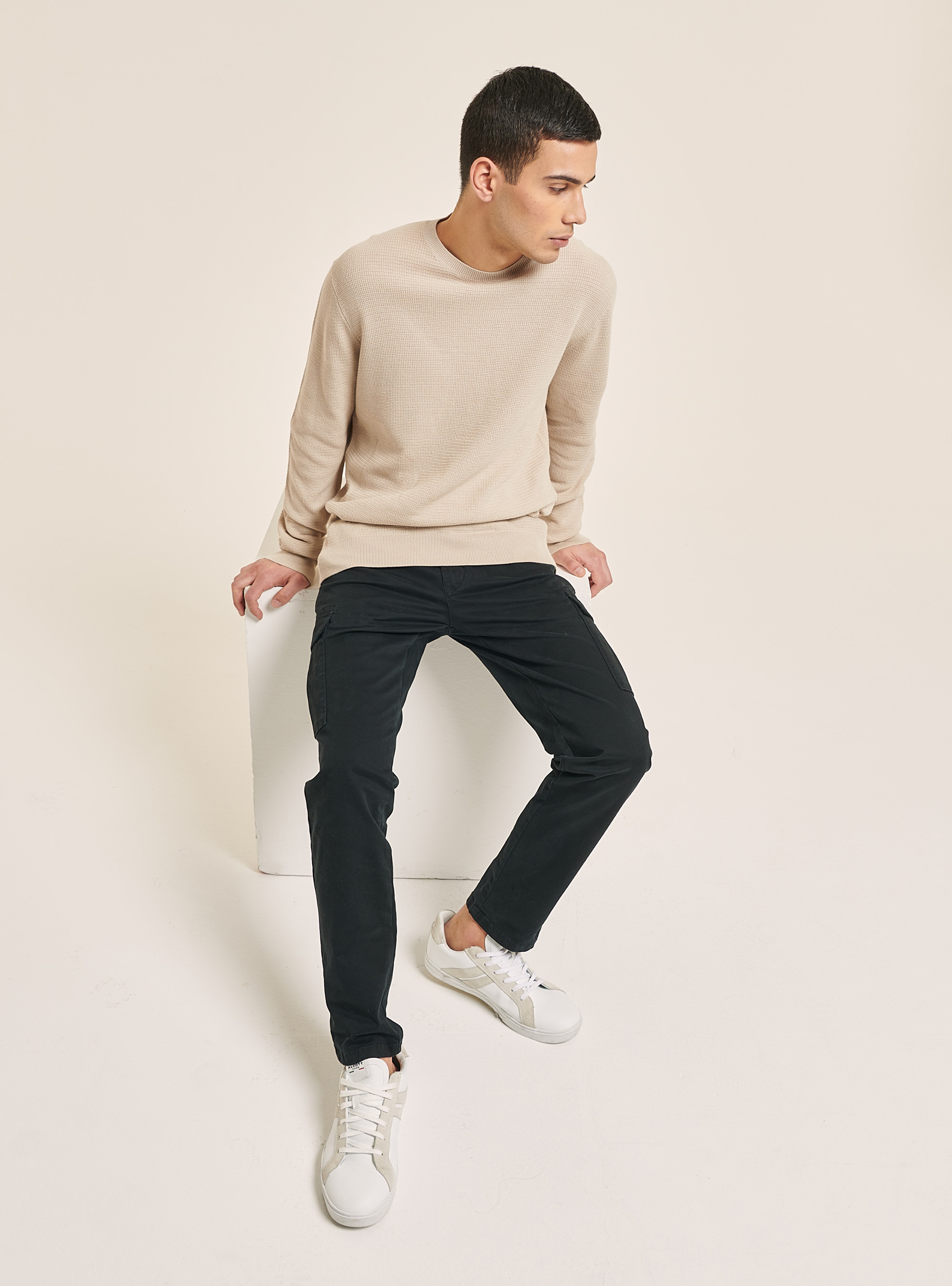 Textured cotton crew neck pullover, BG3 BEIGE LIGHT