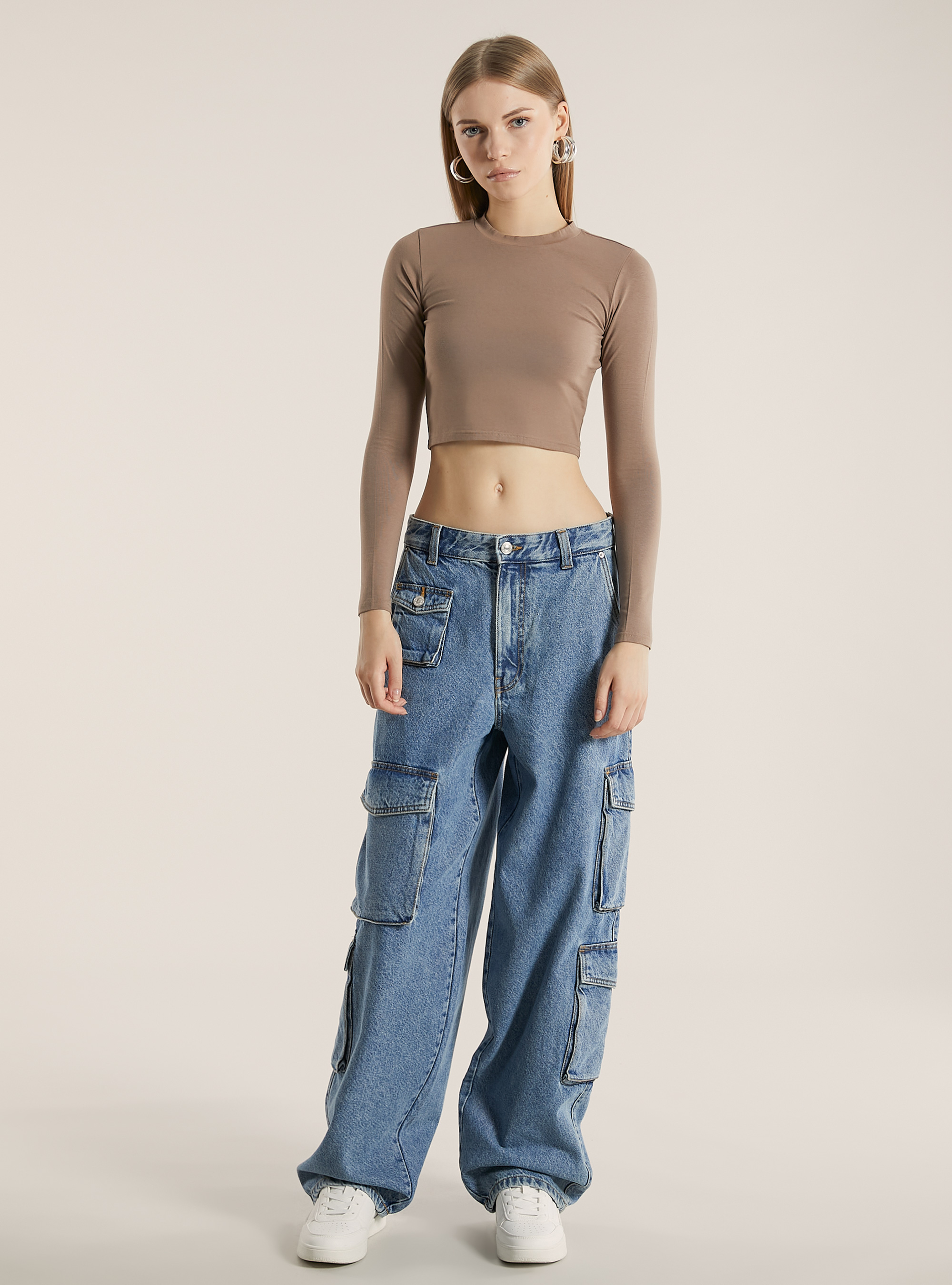 Cropped long-sleeved T-shirt, BR3 BROWN LIGHT