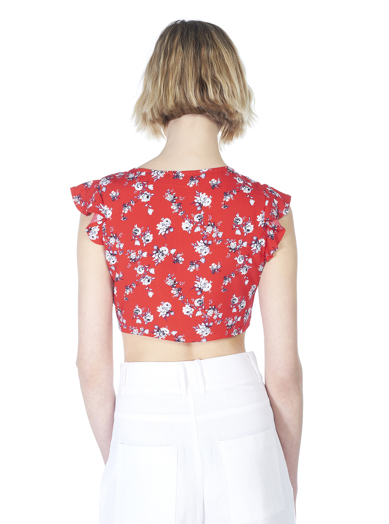 Top cropped con nodo e stampa a fiori, ROSSO