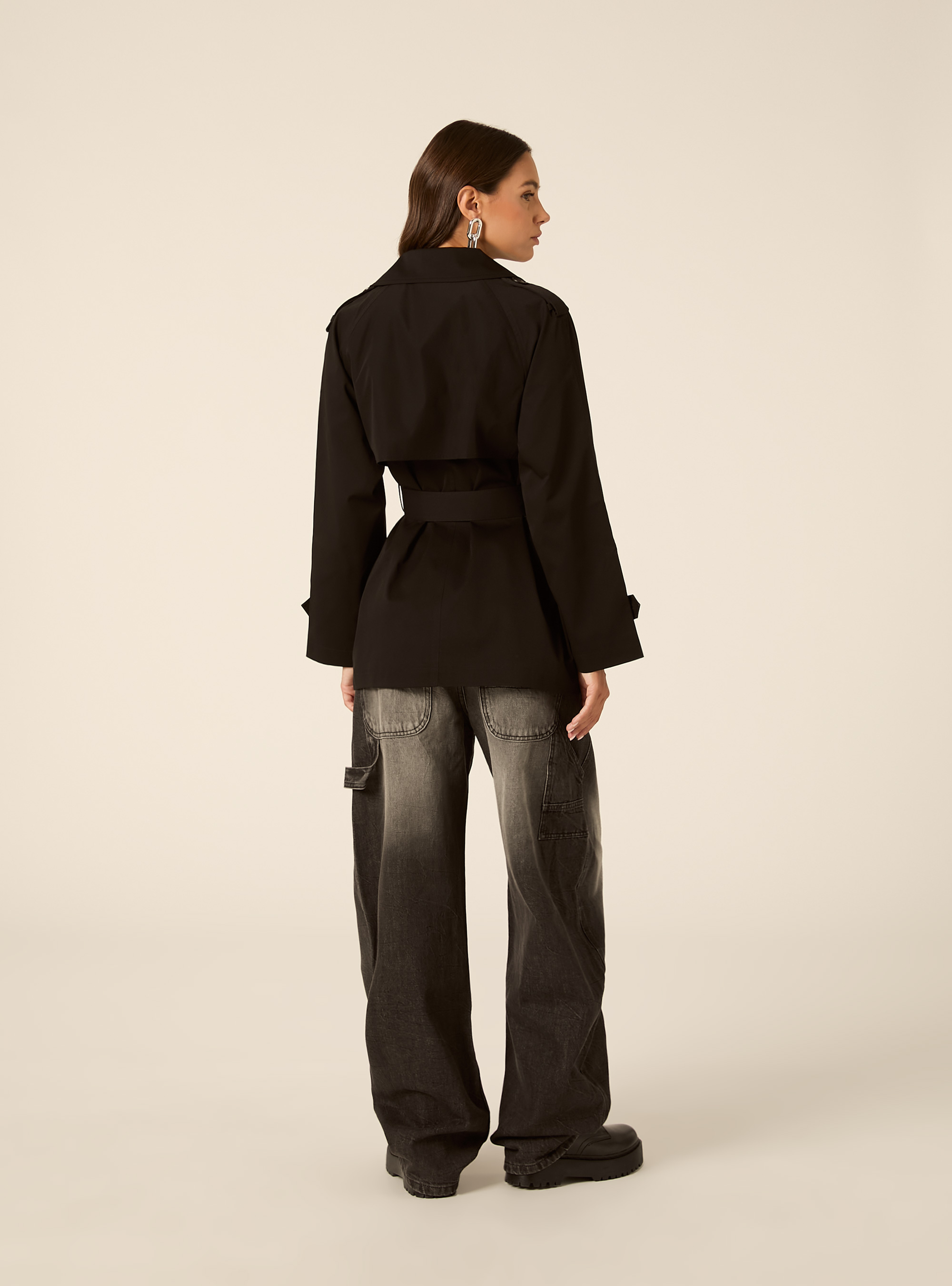 Short Double-Breasted Belted Trench Coat, BK1 BLACK