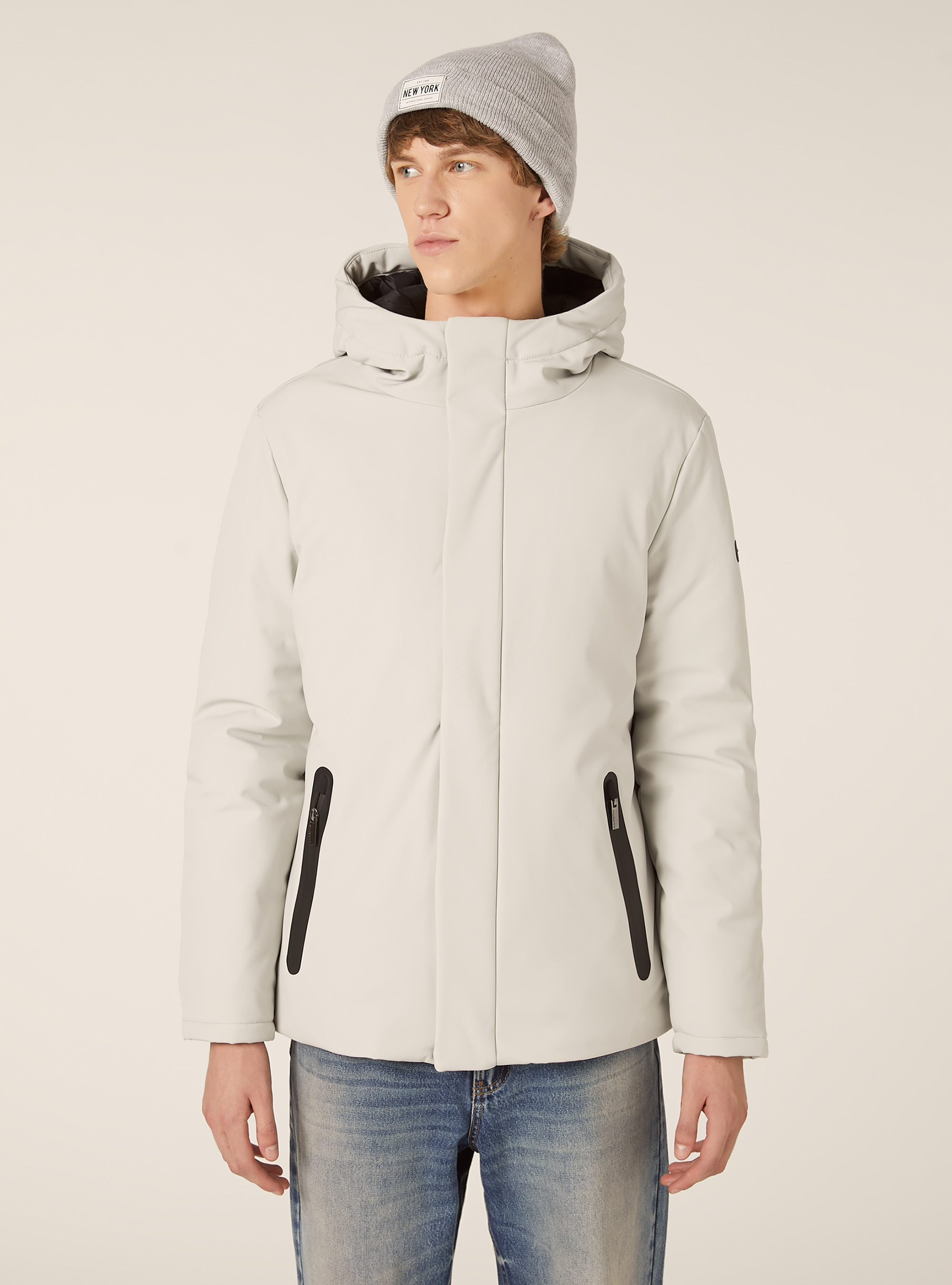 Giubbino con cappuccio e zip impermeabili, WH1 OFF WHITE