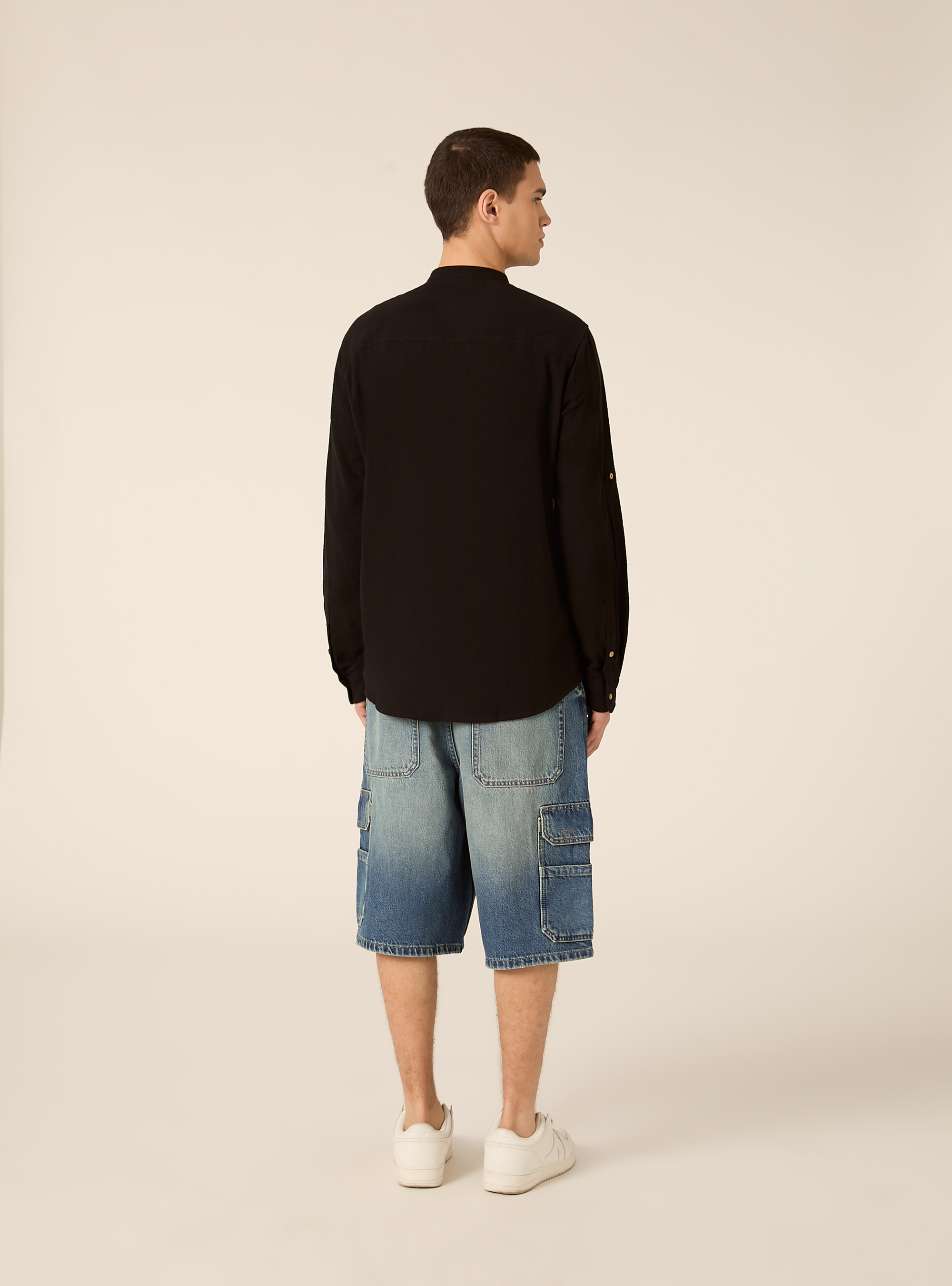 Camicia con collo alla coreana in misto lino, BK1 BLACK