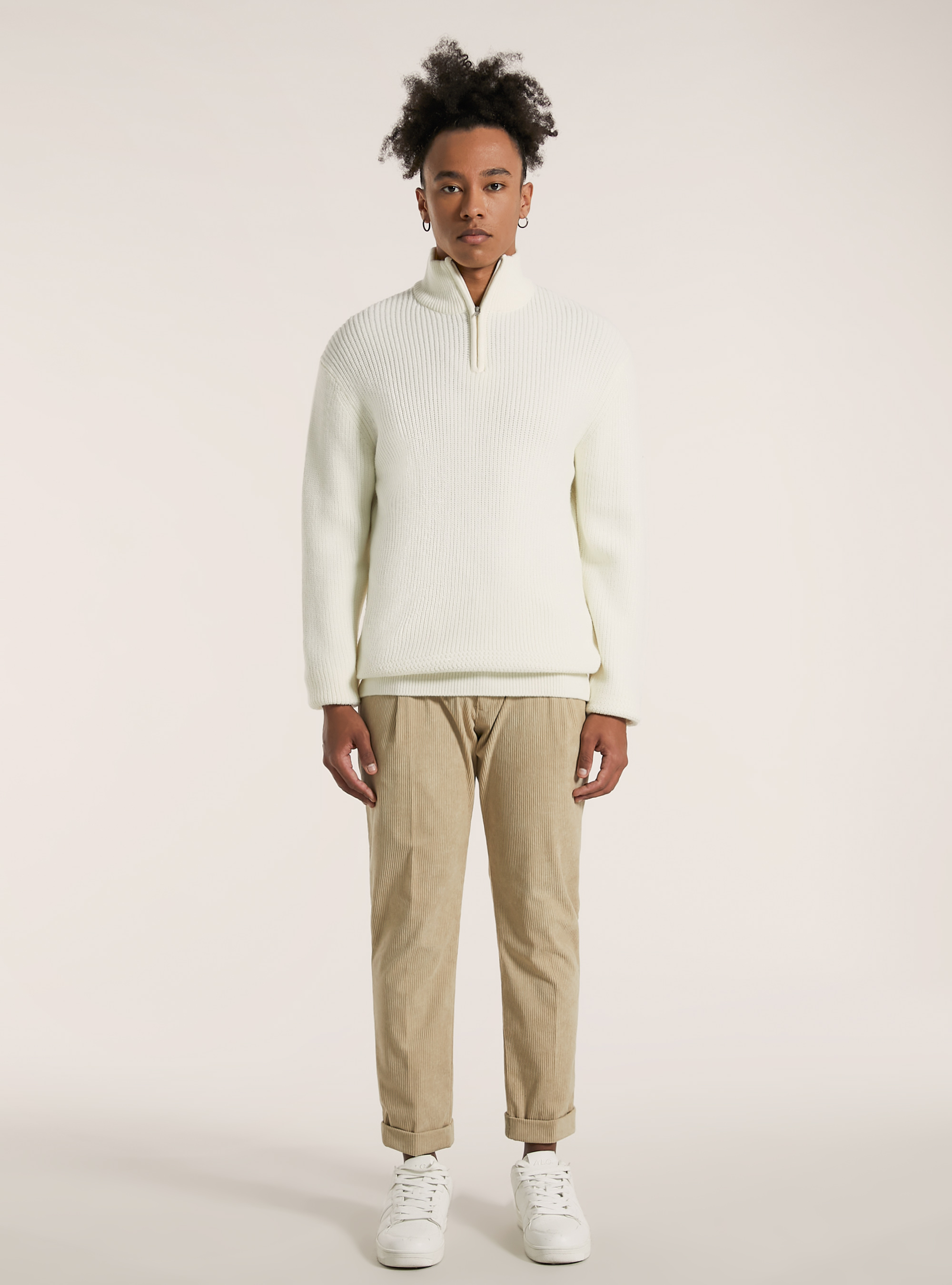 Maglia a costine con mezza zip  collo alto, WH2 WHITE