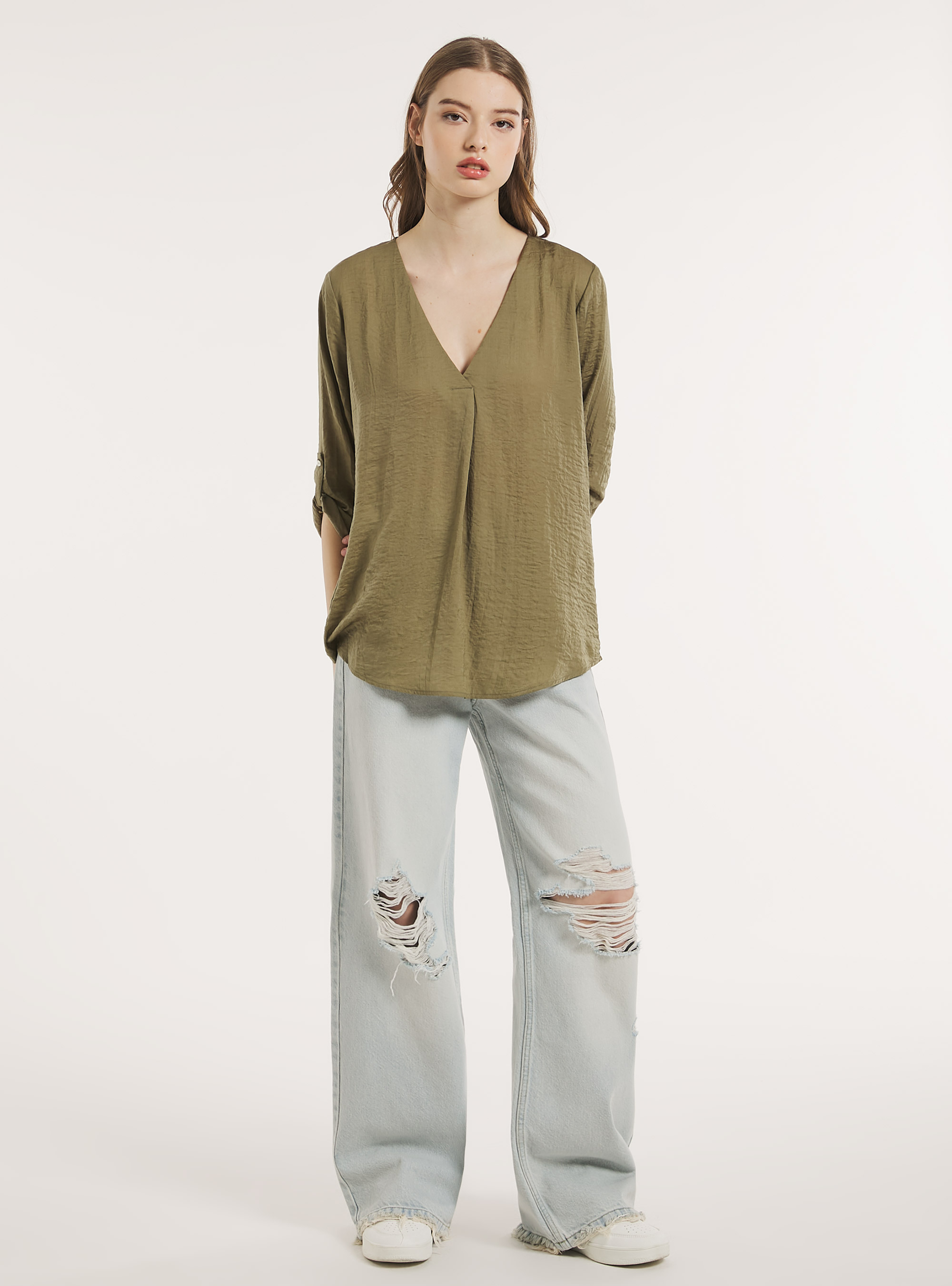 Blusa de color liso con escote, KY2 KAKY MEDIUM