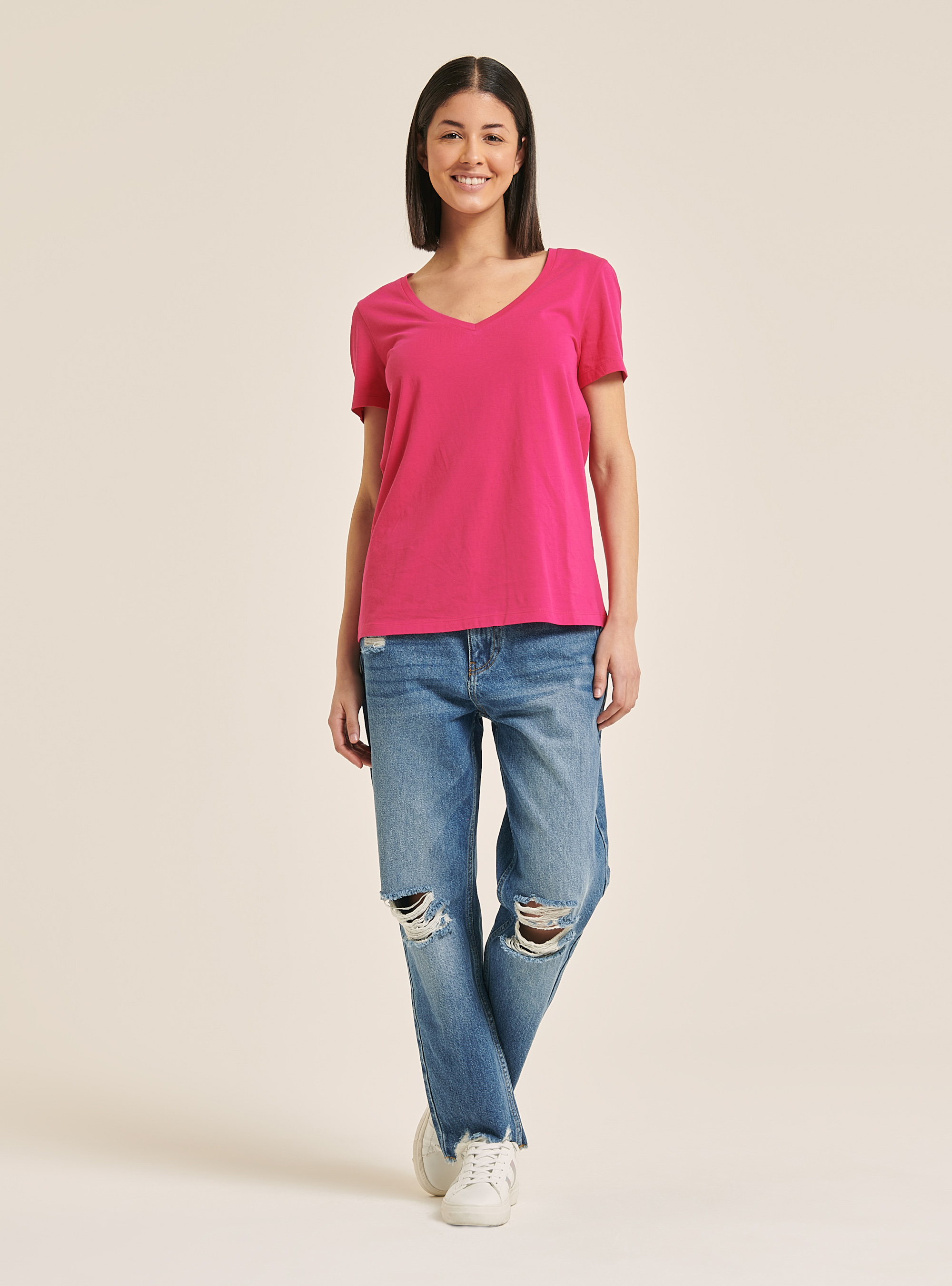 Baumwoll T-Shirt mit V-Ausschnitt, C4435 FUXIA