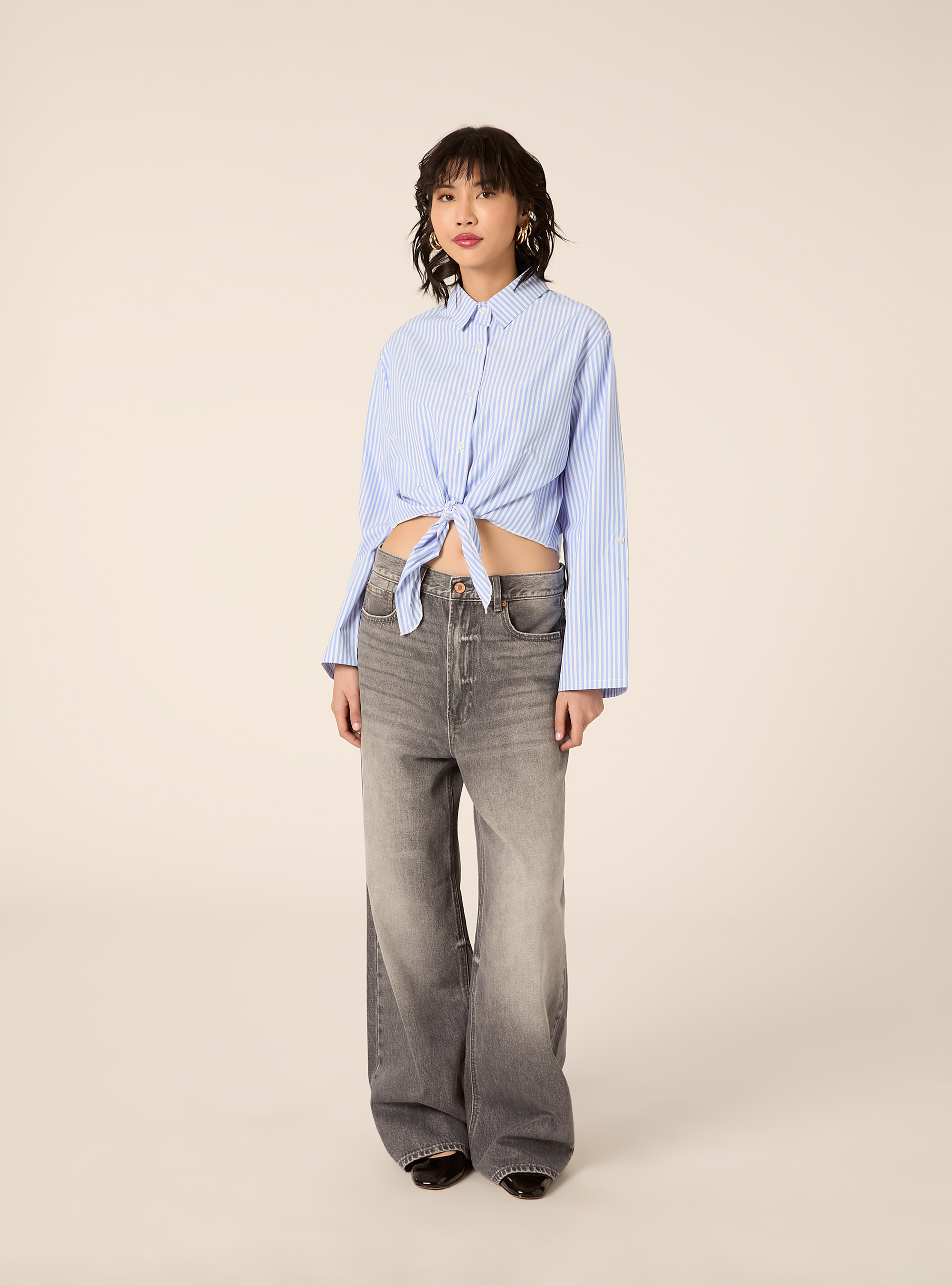 Camicia crop a righe con nodo, AZ3 AZURE LIGHT