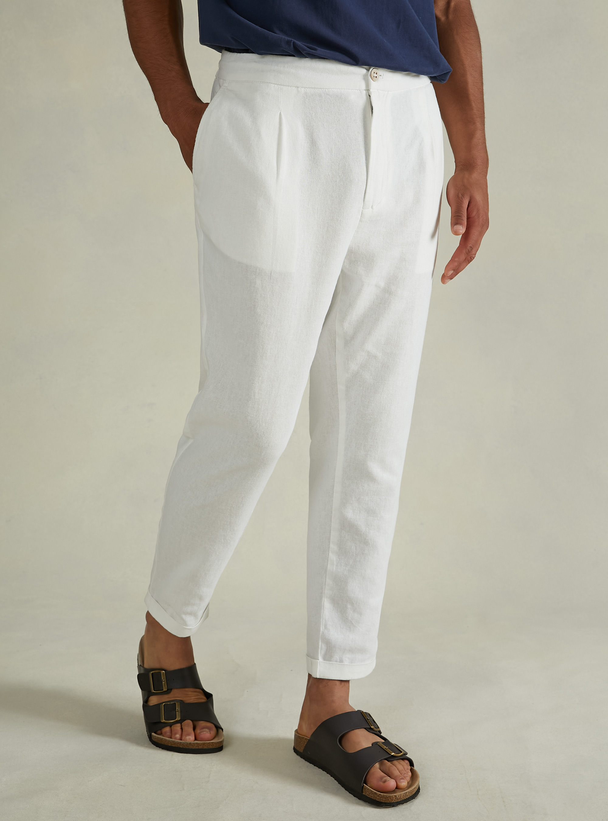 Pantaloni in misto lino con pinces, WH1 OFF WHITE
