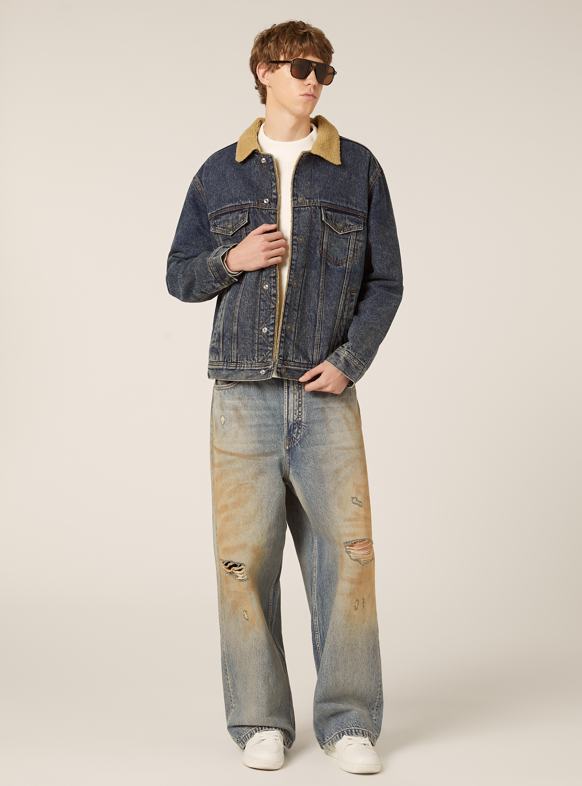 Giubbotto denim con agnellato, D003 MEDIUM BLUE