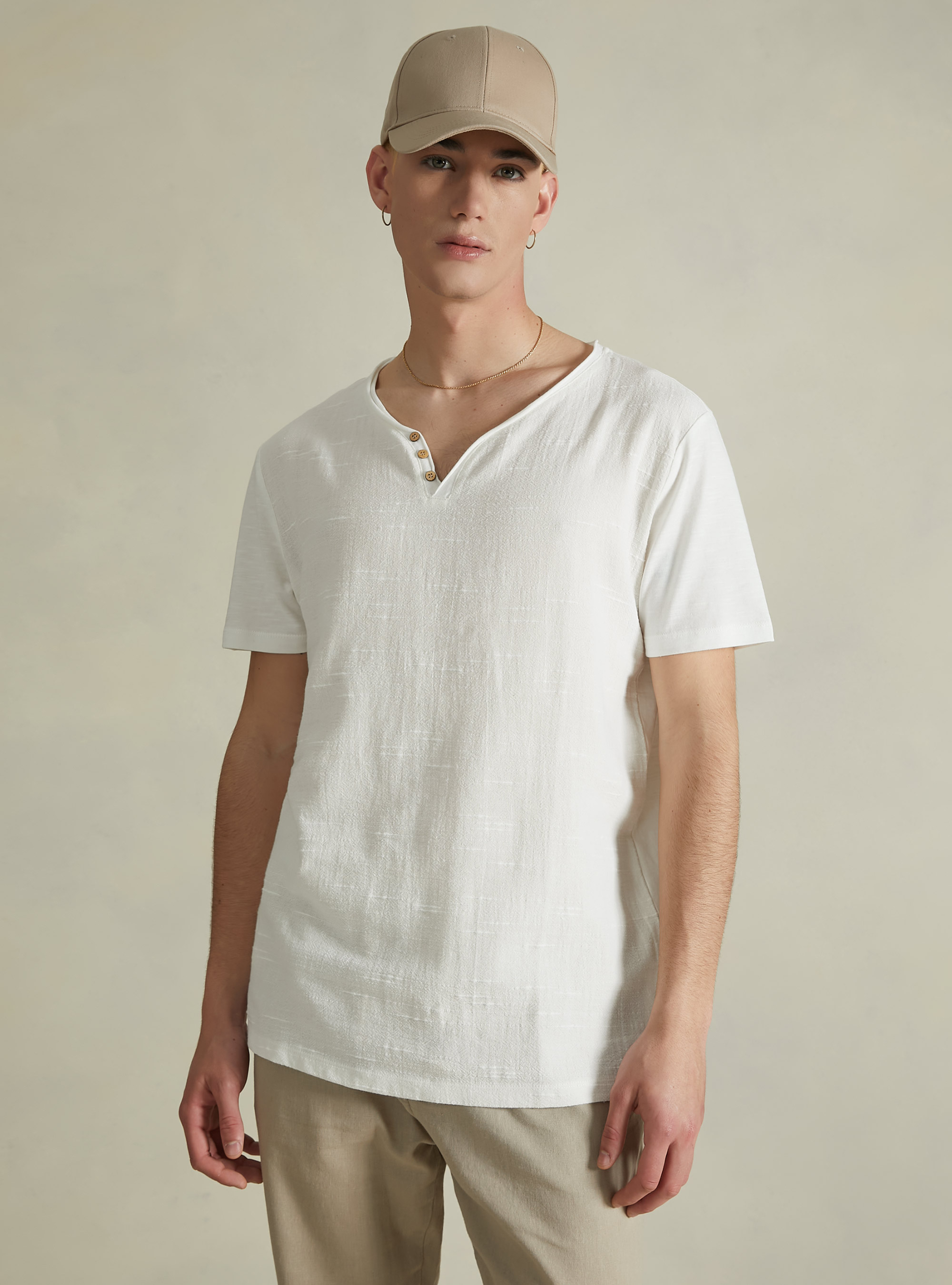 Linen blend V-neck T-shirt, WH2 WHITE