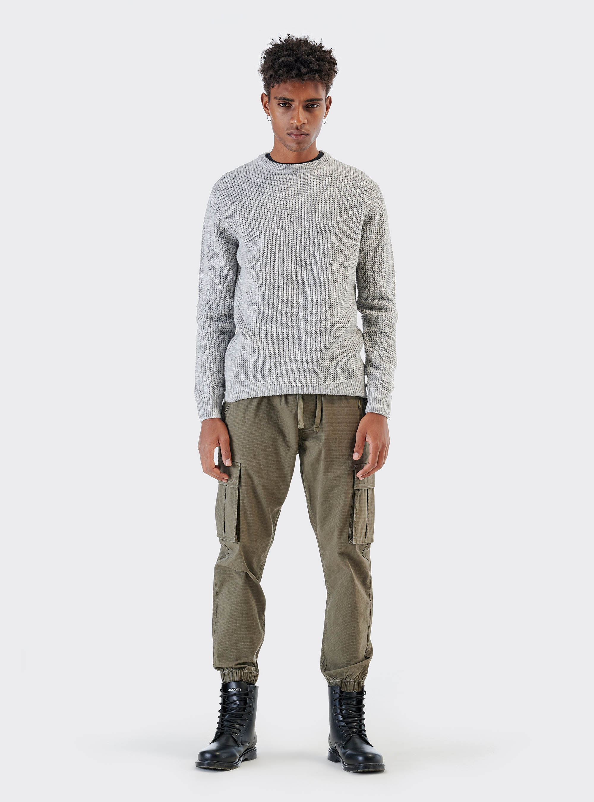 Pullover girocollo con naps in misto lana, GRIGIO MELANGE