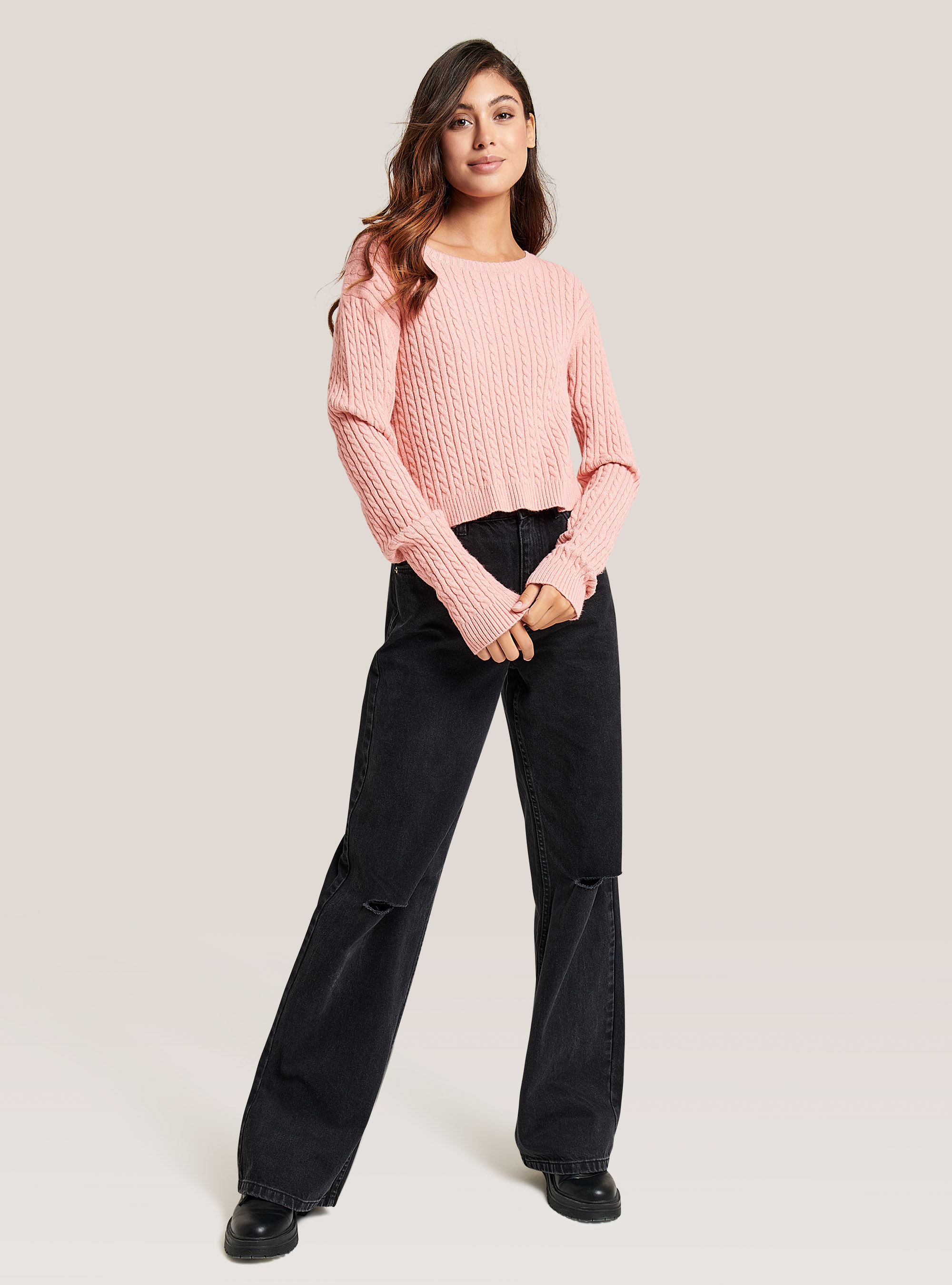 Pullover cropped con trecce soft touch, ROSA