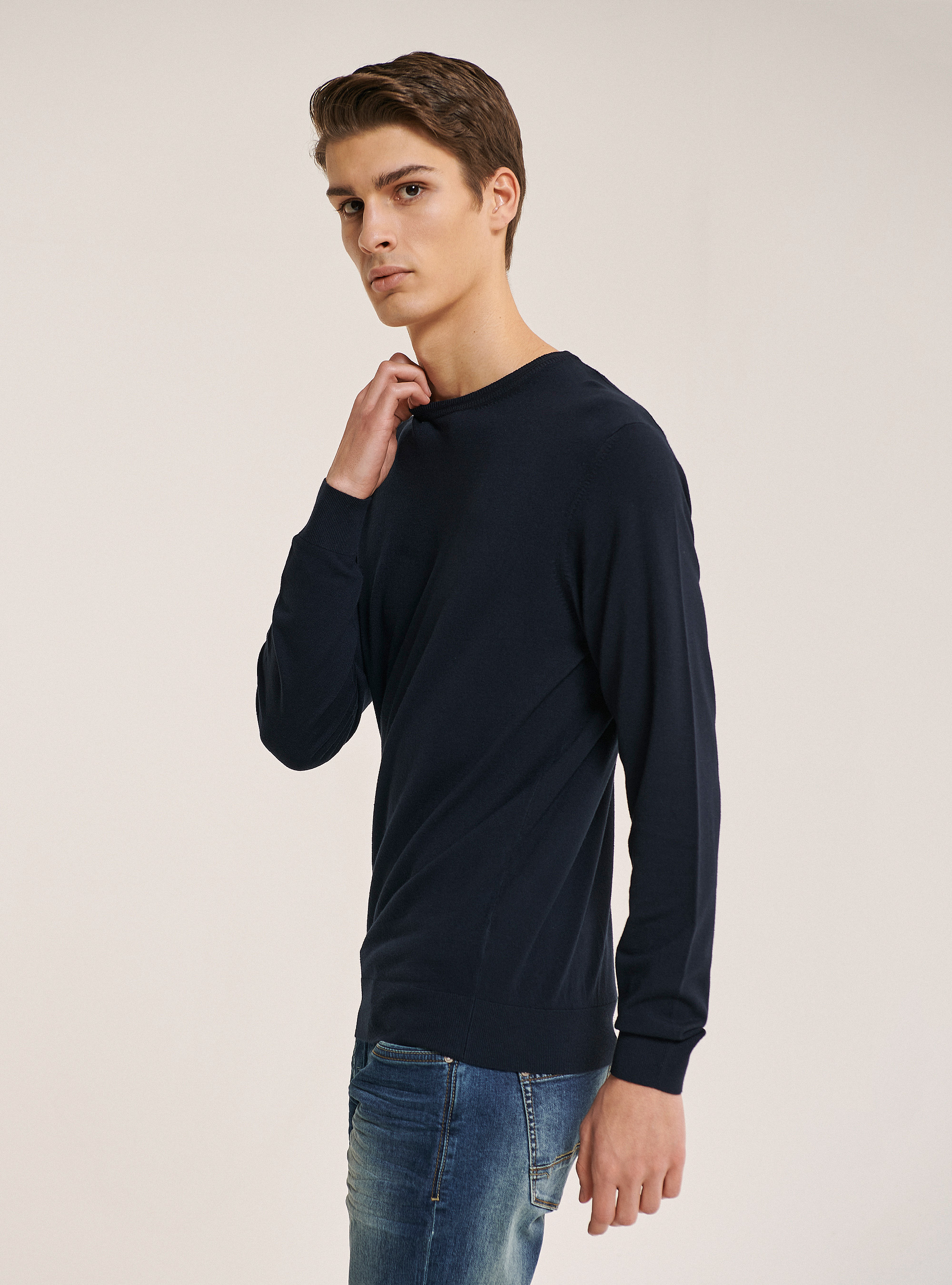 Jersey de cuello redondo de color s&oacute;lido, AZUL MARINO