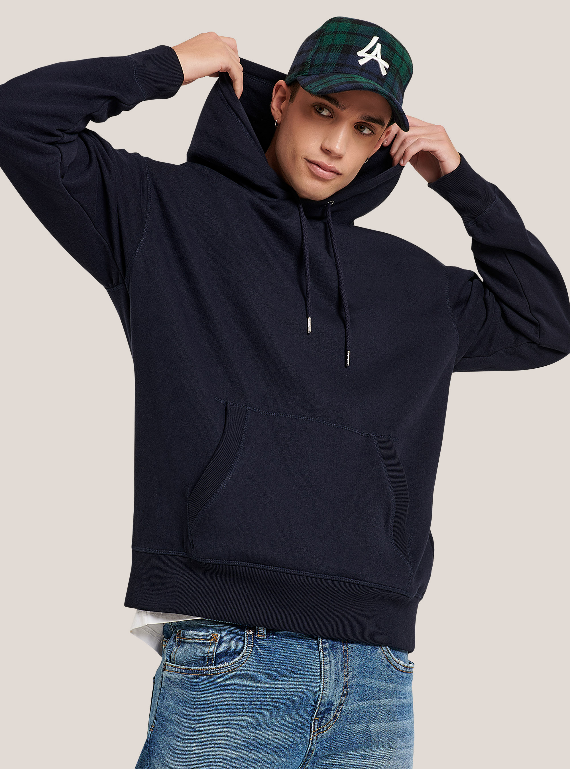 Sudadera básica con capucha y bolsillo tipo canguro, AZUL MARINO