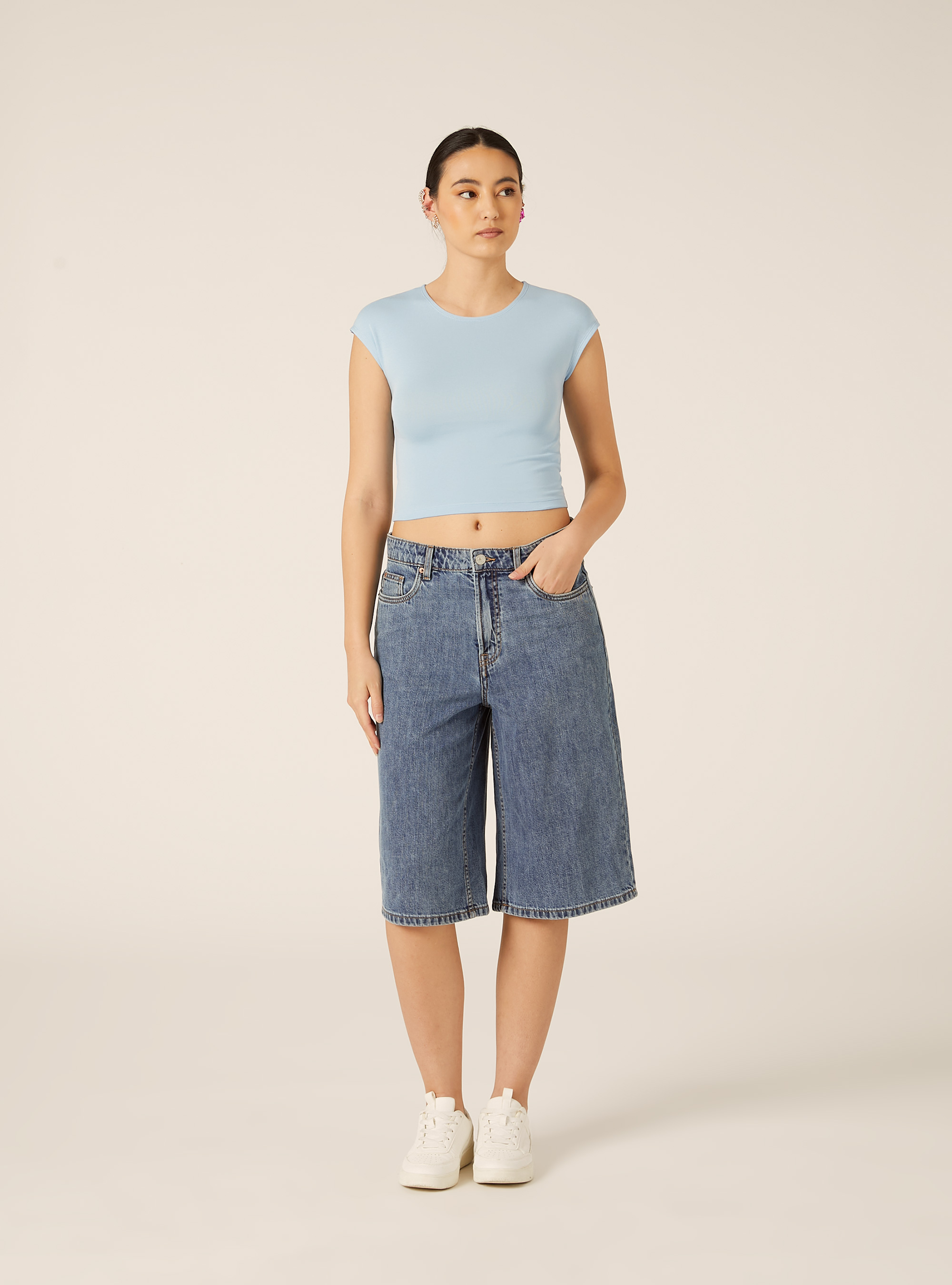 T-shirt crop con con maniche ad aletta, AZ3 AZURE LIGHT