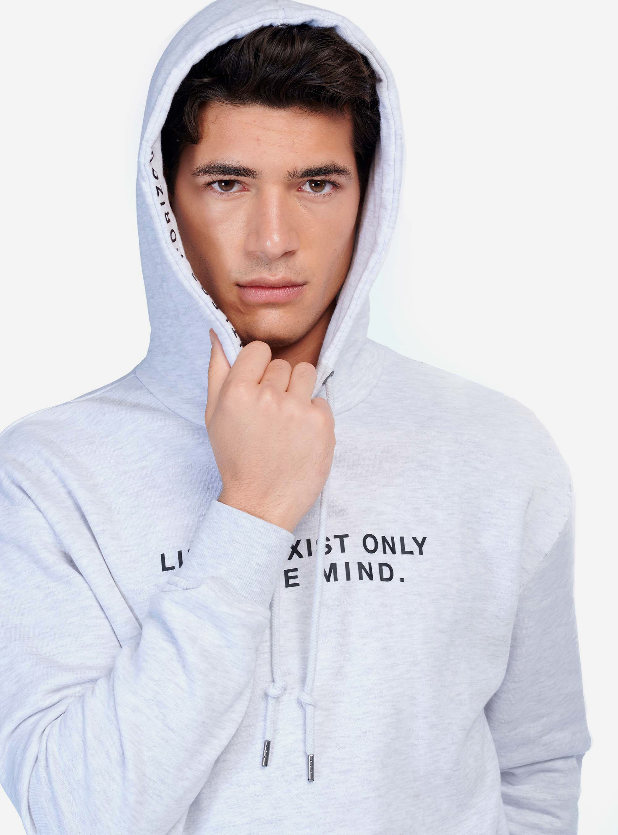 Felpa con cappuccio e stampa a constrasto, BIANCO GHIACCIO