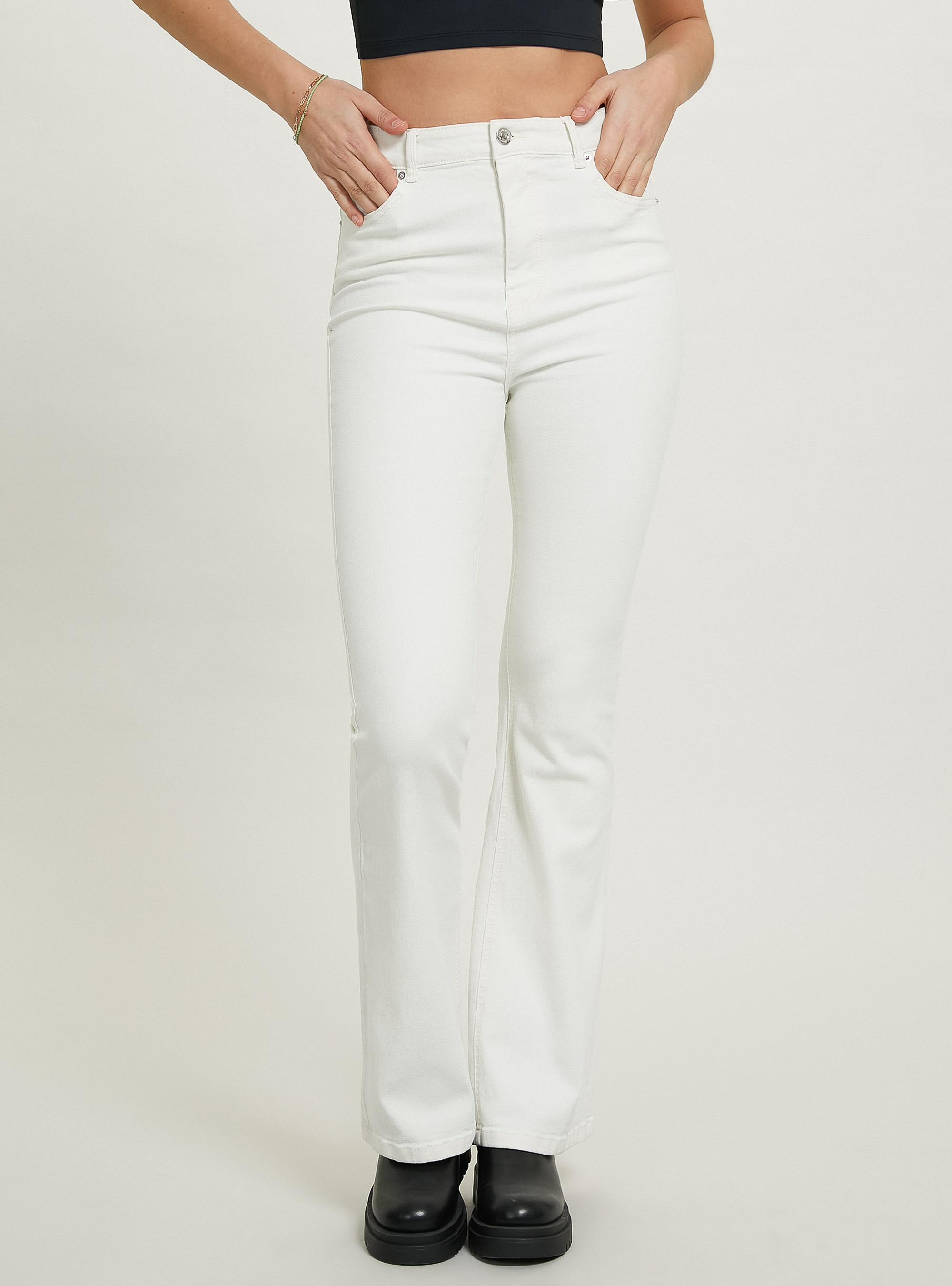 Pantaloni flare in twill stretch, WH1 OFF WHITE