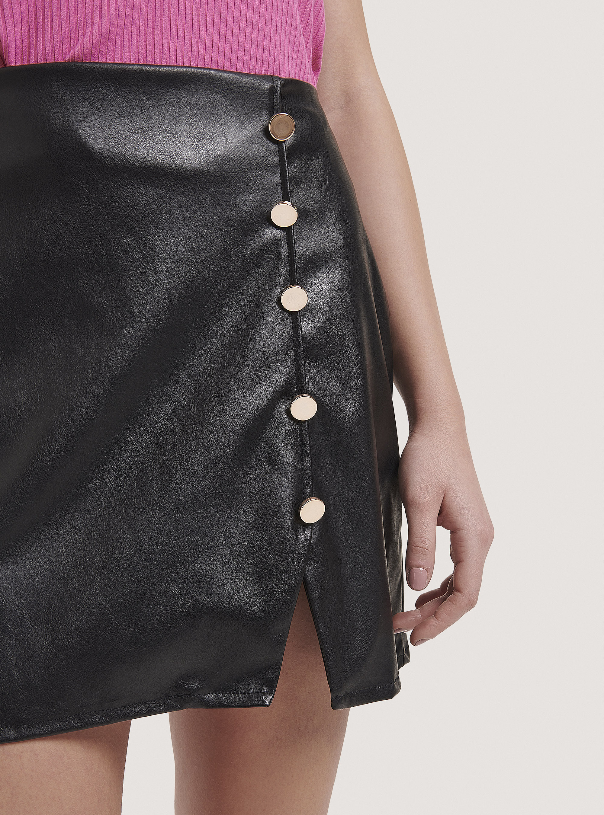 Faux leather mini skirt with side buttons, BLACK