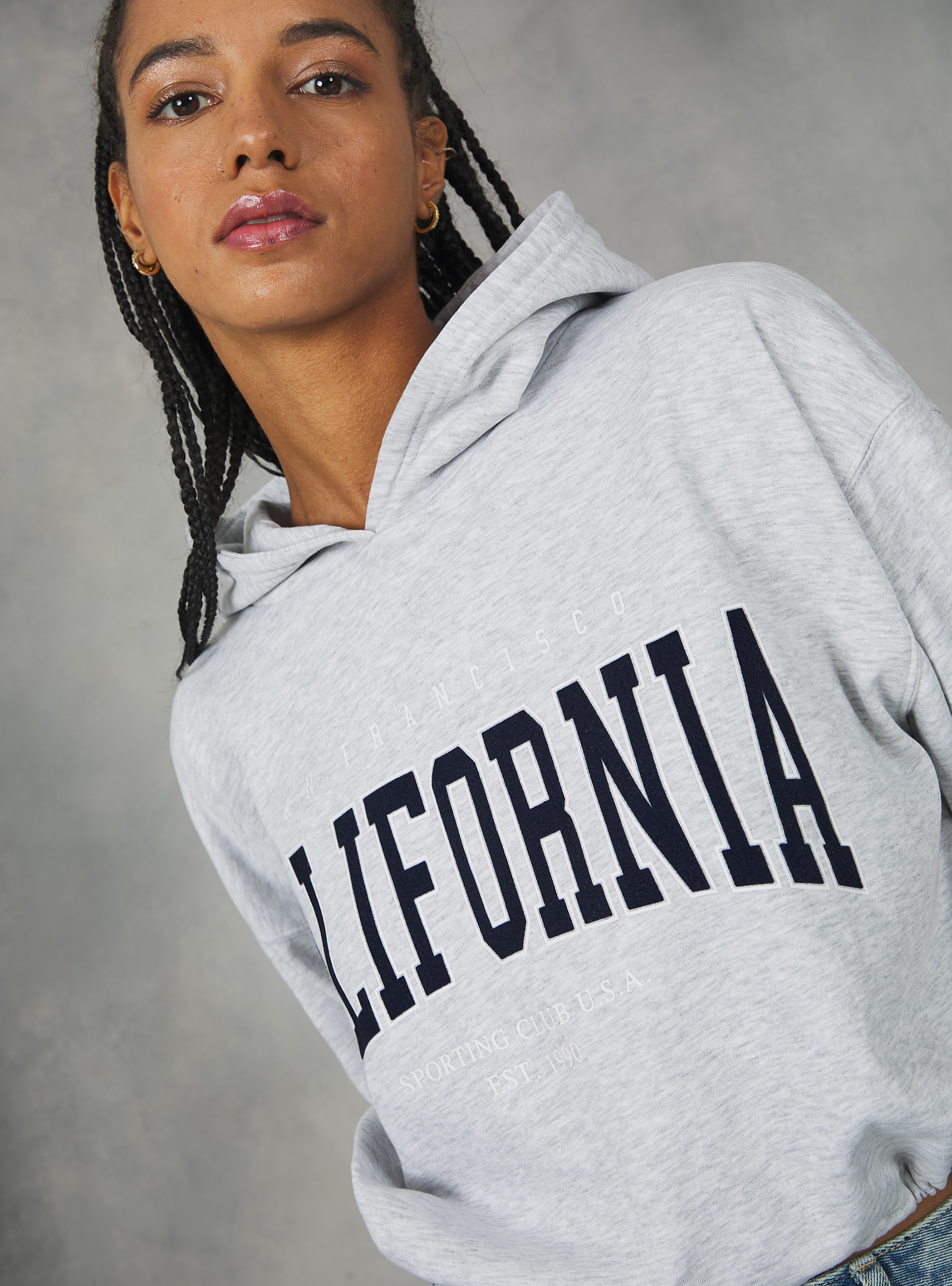 Cropped college sweatshirt with drawstring at hem, MGY3 GREY MEL LIGHT