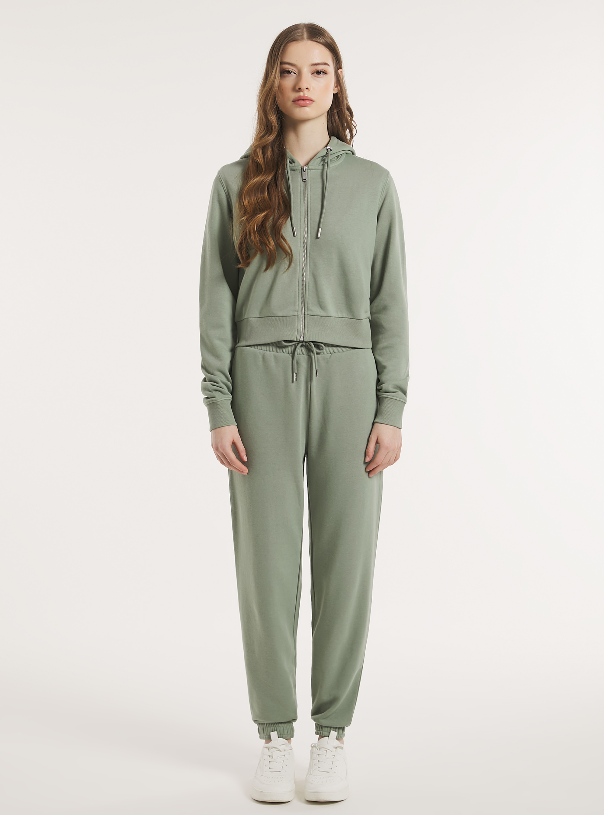 Cropped sweatshirt with zip and hood, KY3 KAKY LIGHT