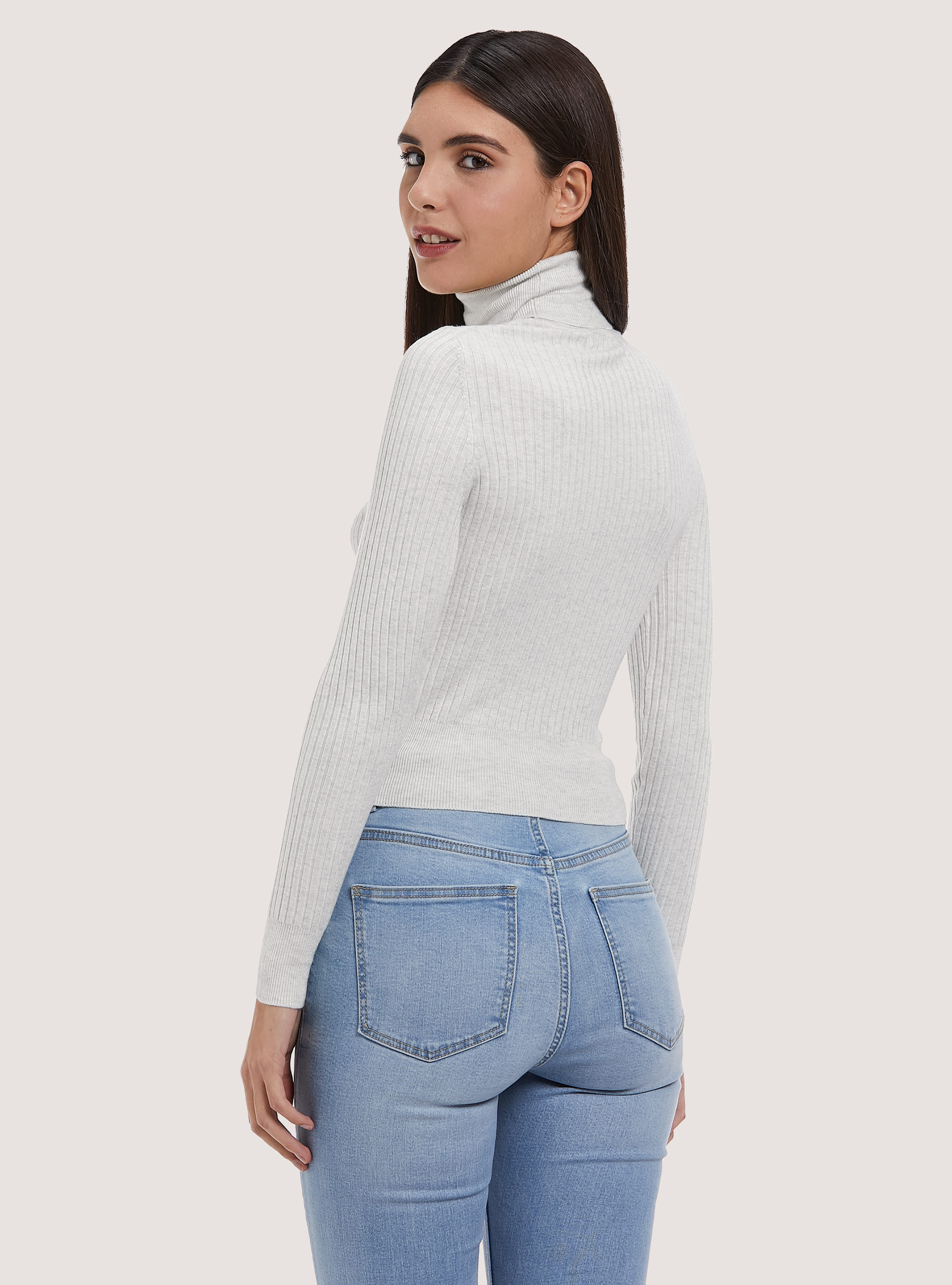 Pullover cropped a collo alto a coste, MGY3 GREY MEL LIGHT