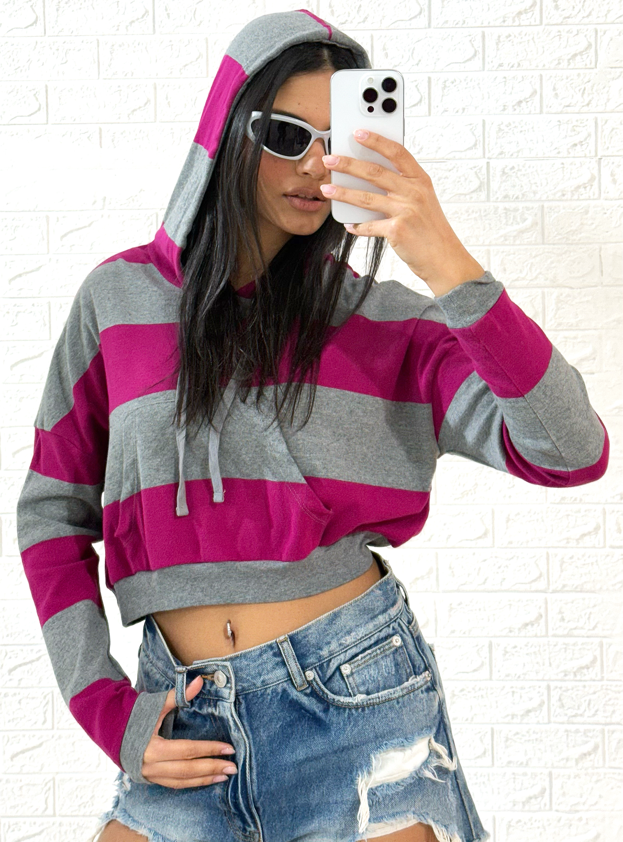 Felpa cropped rigata FOREVER21, FUXIA