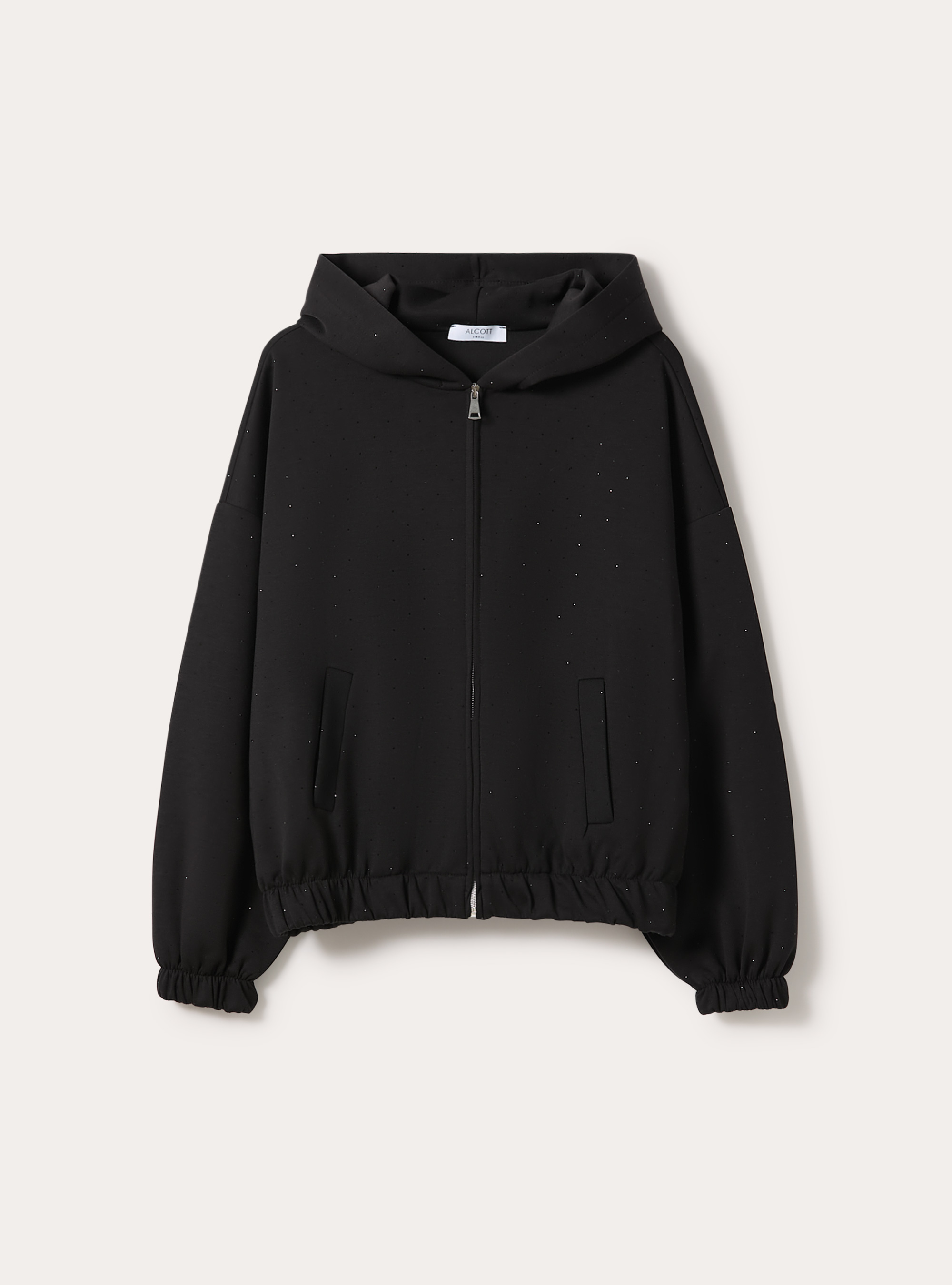 Soft touch zip-up sweatshirt with rhinestones, BK1 BLACK