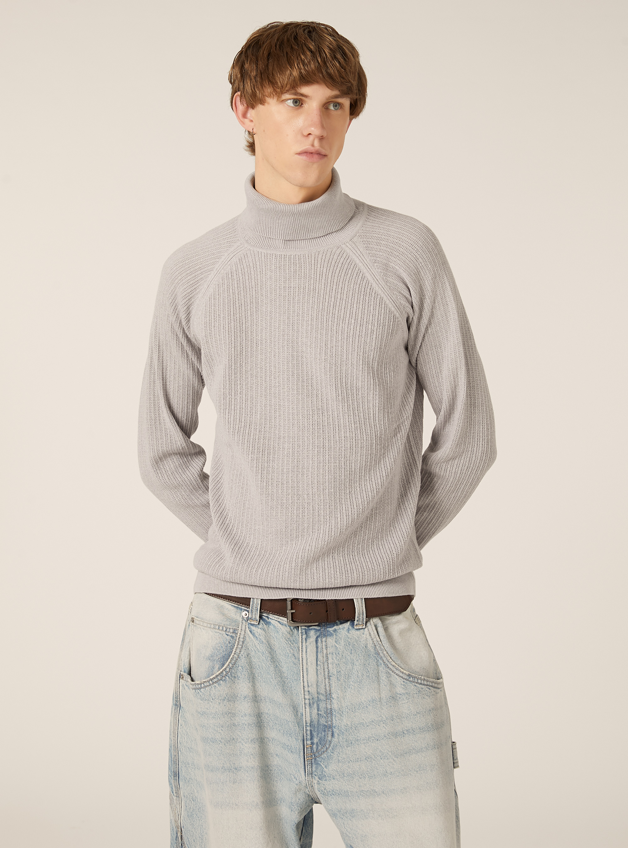 Maglia a collo alto in misto cotone a coste, MGY2 GREY MEL MEDIUM