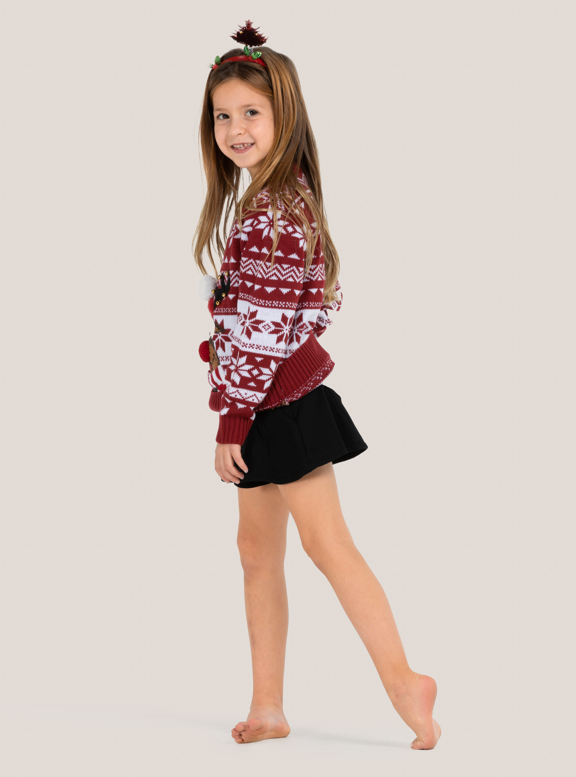 Pullover natalizio "mini me" con renna e campanelline, ROSSO