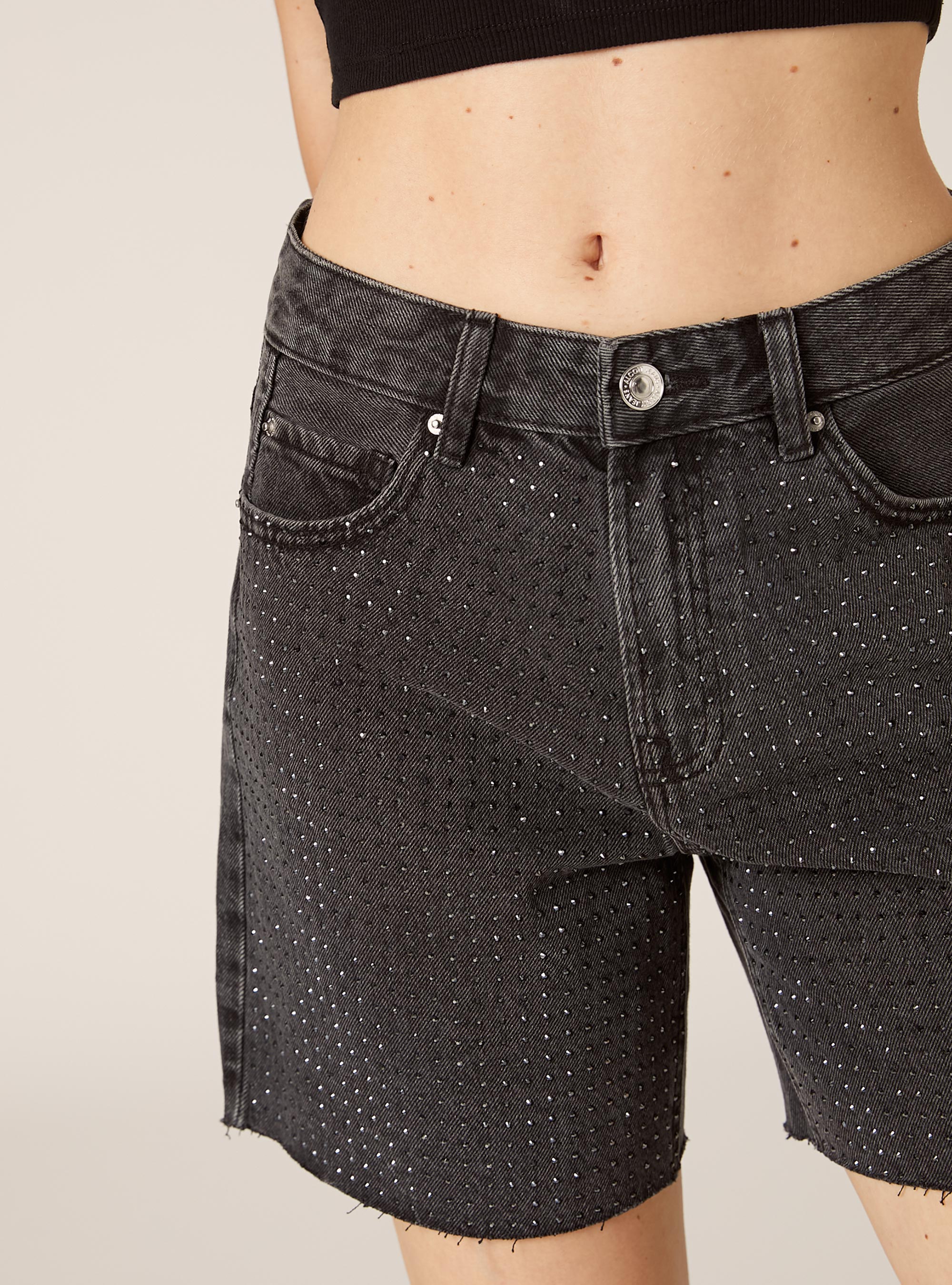 Longline denim shorts with rhinestones, D000 BLACK
