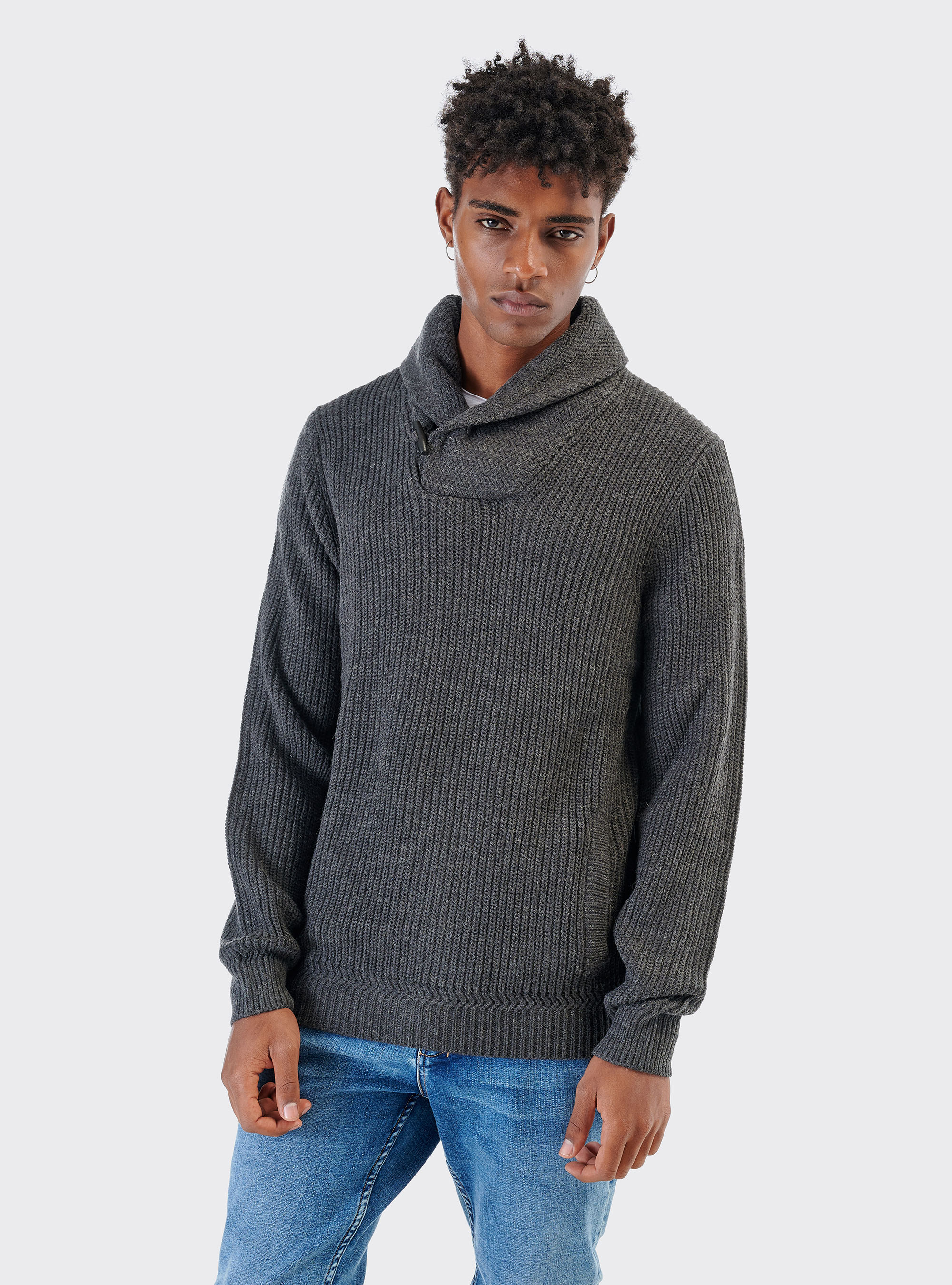 PULLOVER WITH SHAWL COLLAR, GREY MELANGE