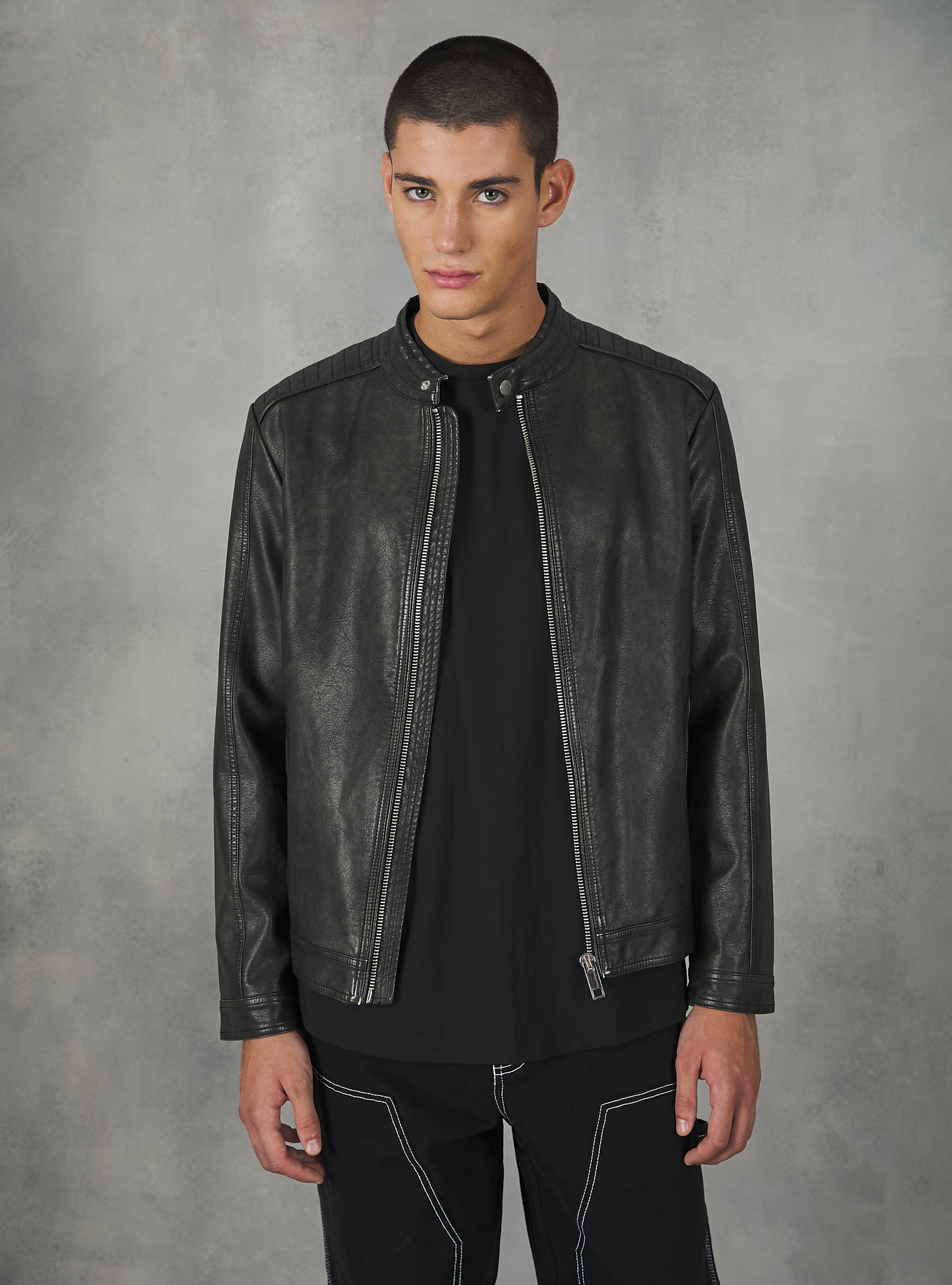 Worn leather effect biker jacket, BK1 BLACK