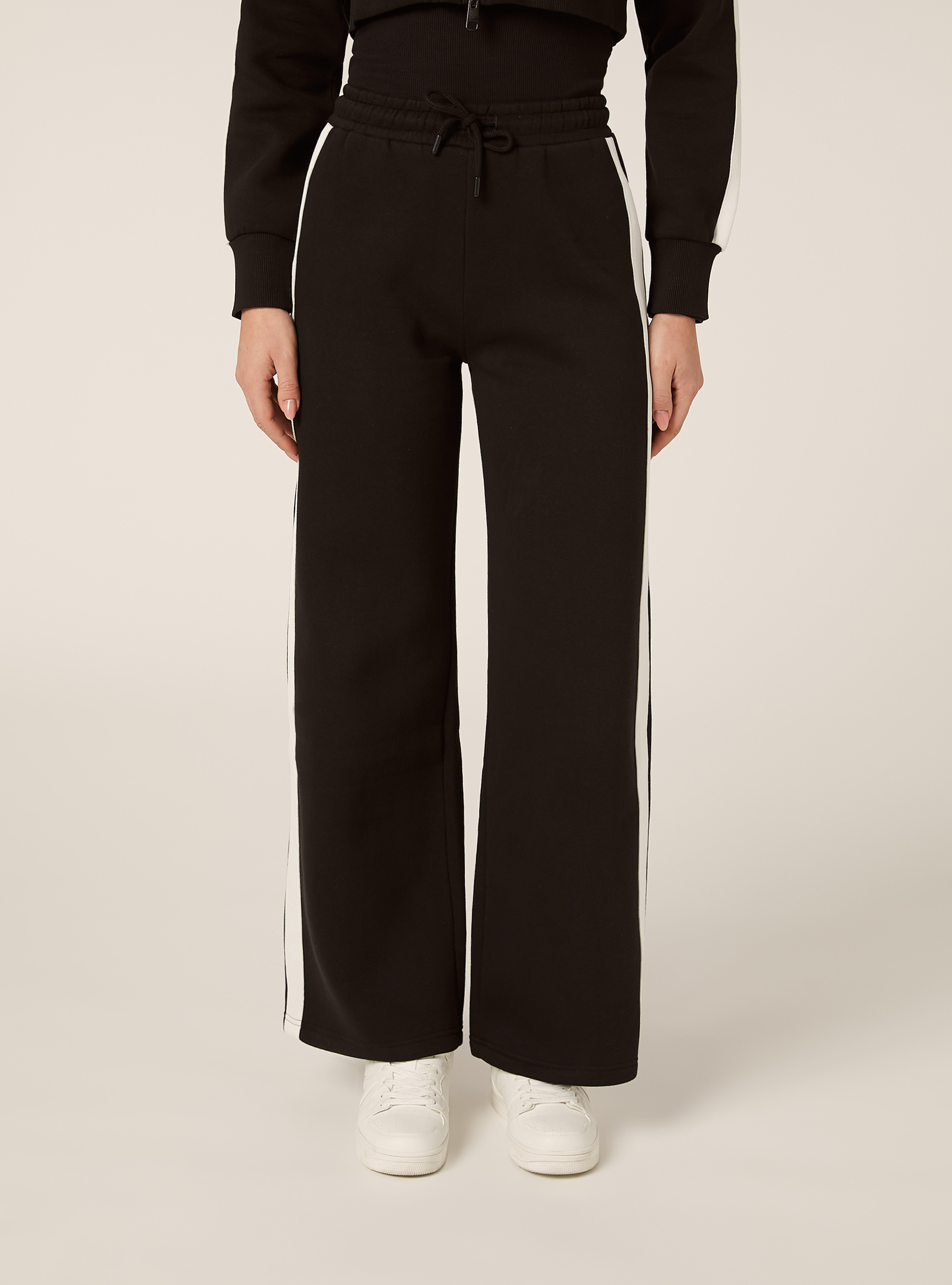 Pantaloni wide leg con bande laterali, BK1 BLACK