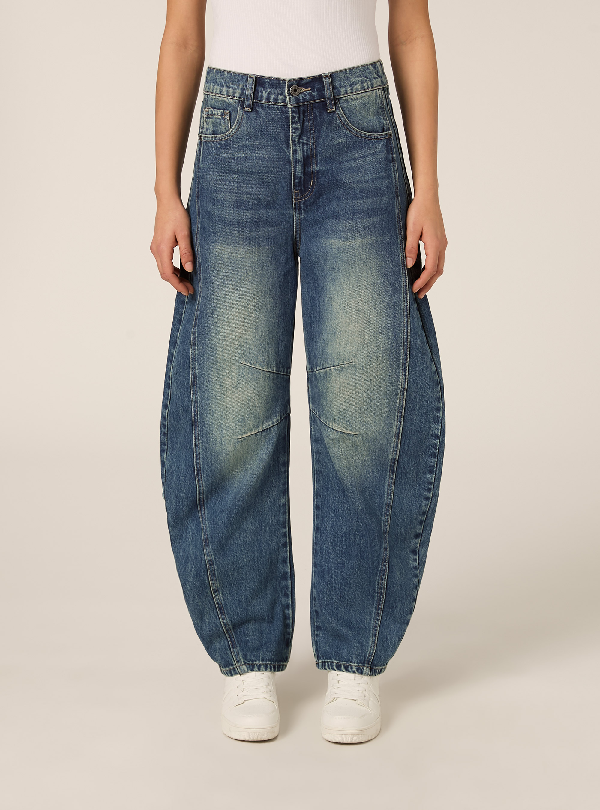 Jeans balloon con tagli ginocchio, D003 MEDIUM BLUE