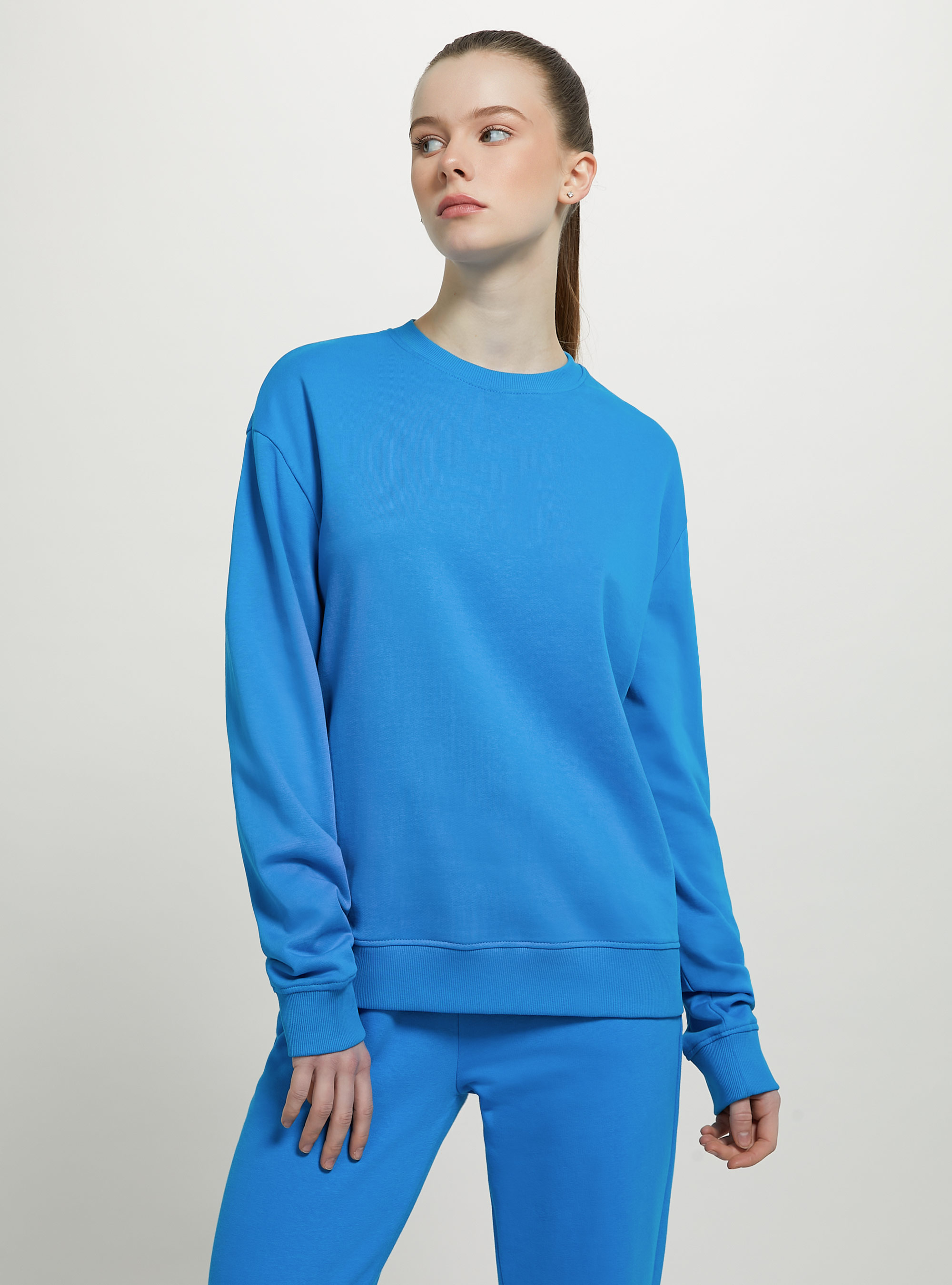 Sudadera lisa de algodón con cuello redondo, AZ1 AZZURRE DARK