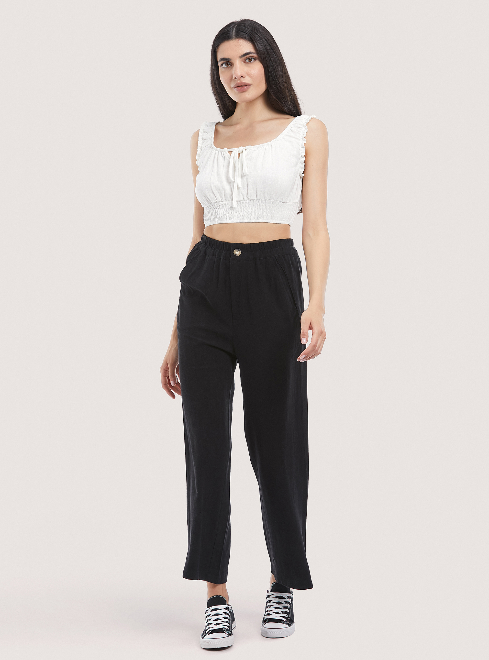 Pantalone regular in misto lino, NERO