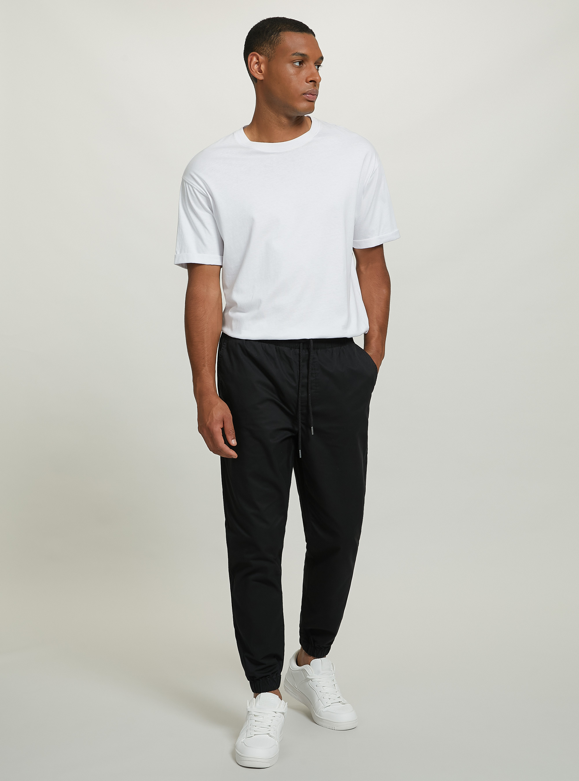 Twill chinos with elasticated waistband, BK1 BLACK