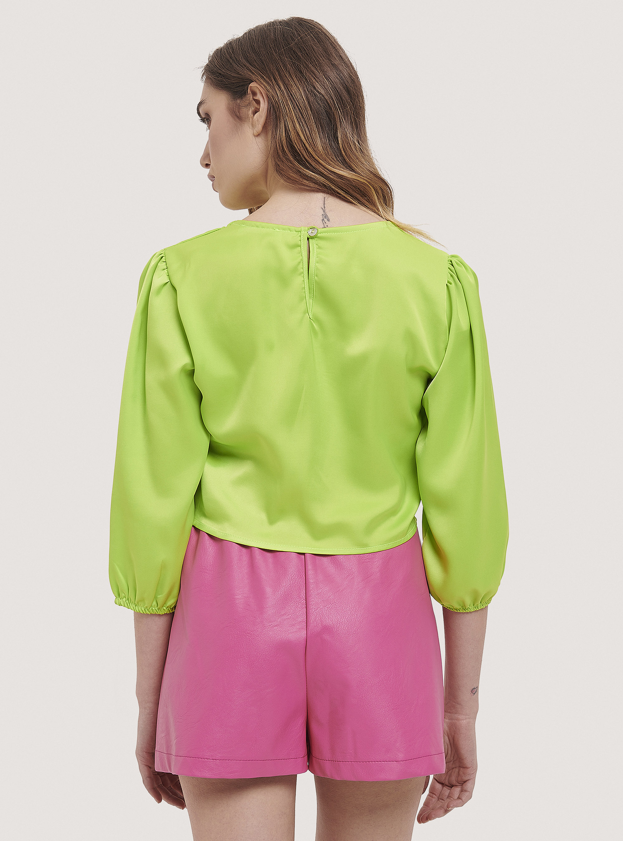 Satin blouse with knot, C7752 LIME