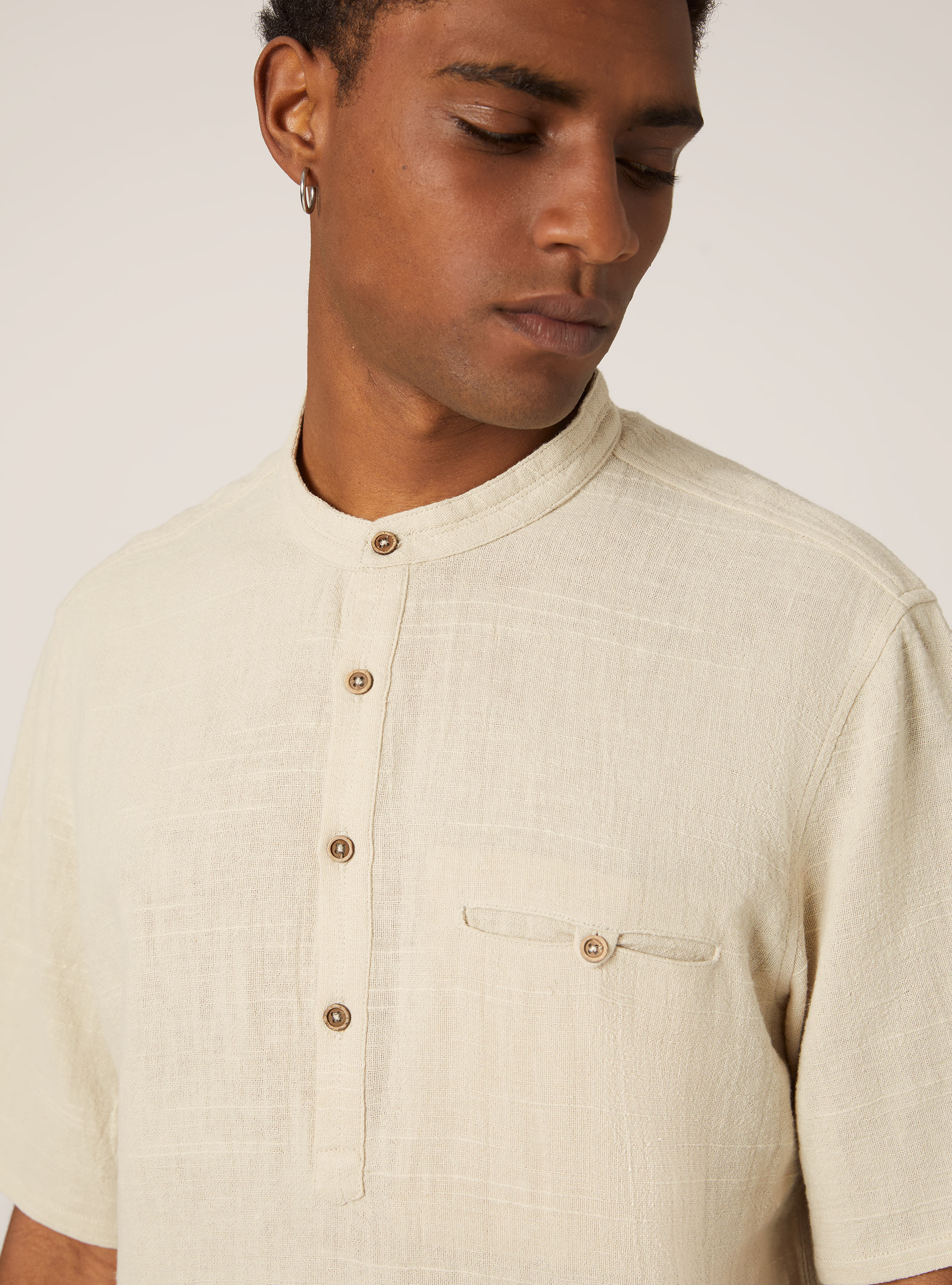 Chemise en lin mélangé à col coréen, BG3 BEIGE LIGHT