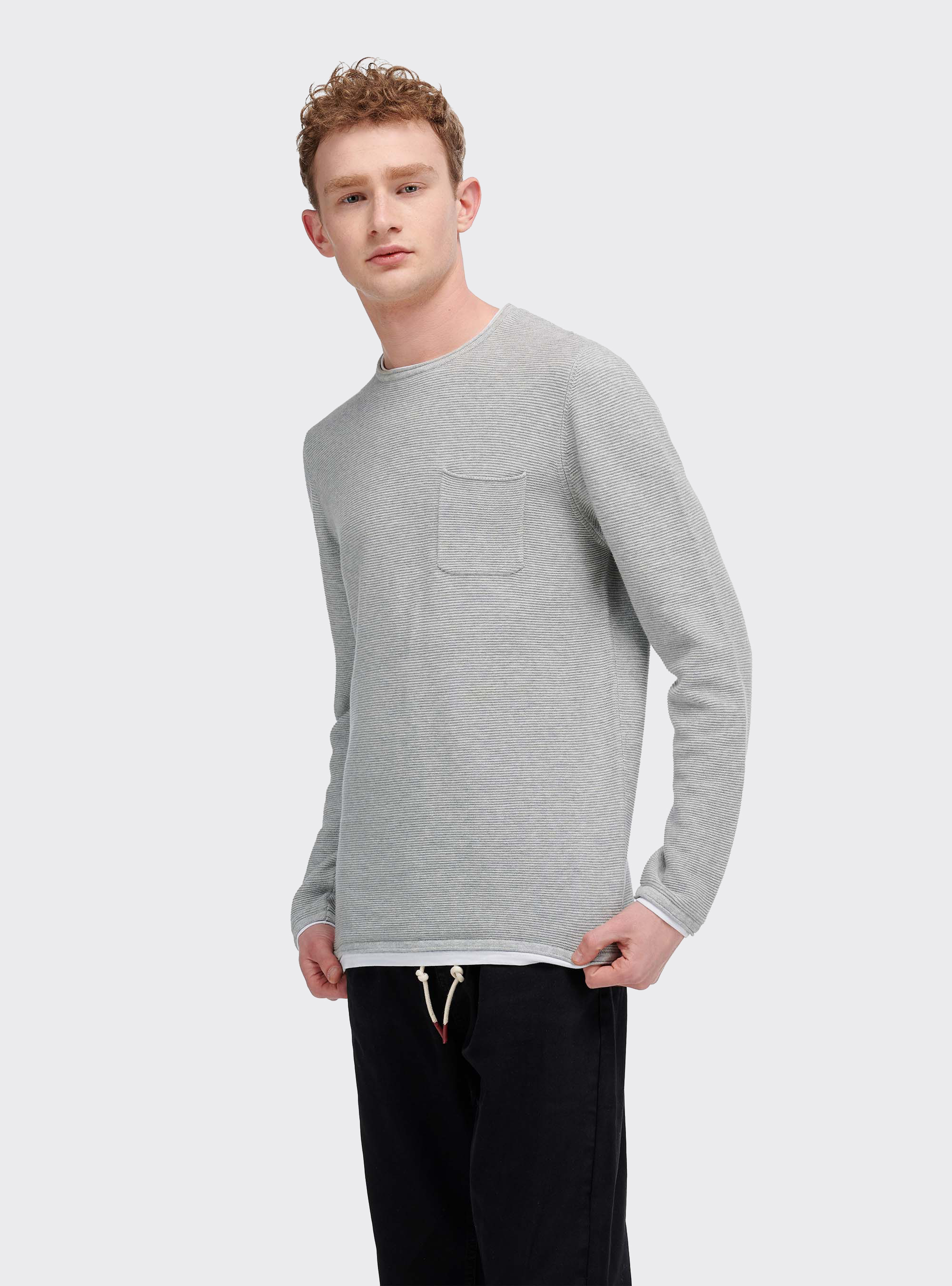 Roll neck sweater with T-shirt detail and one front pocket, LIGHT GREY MELANGE
