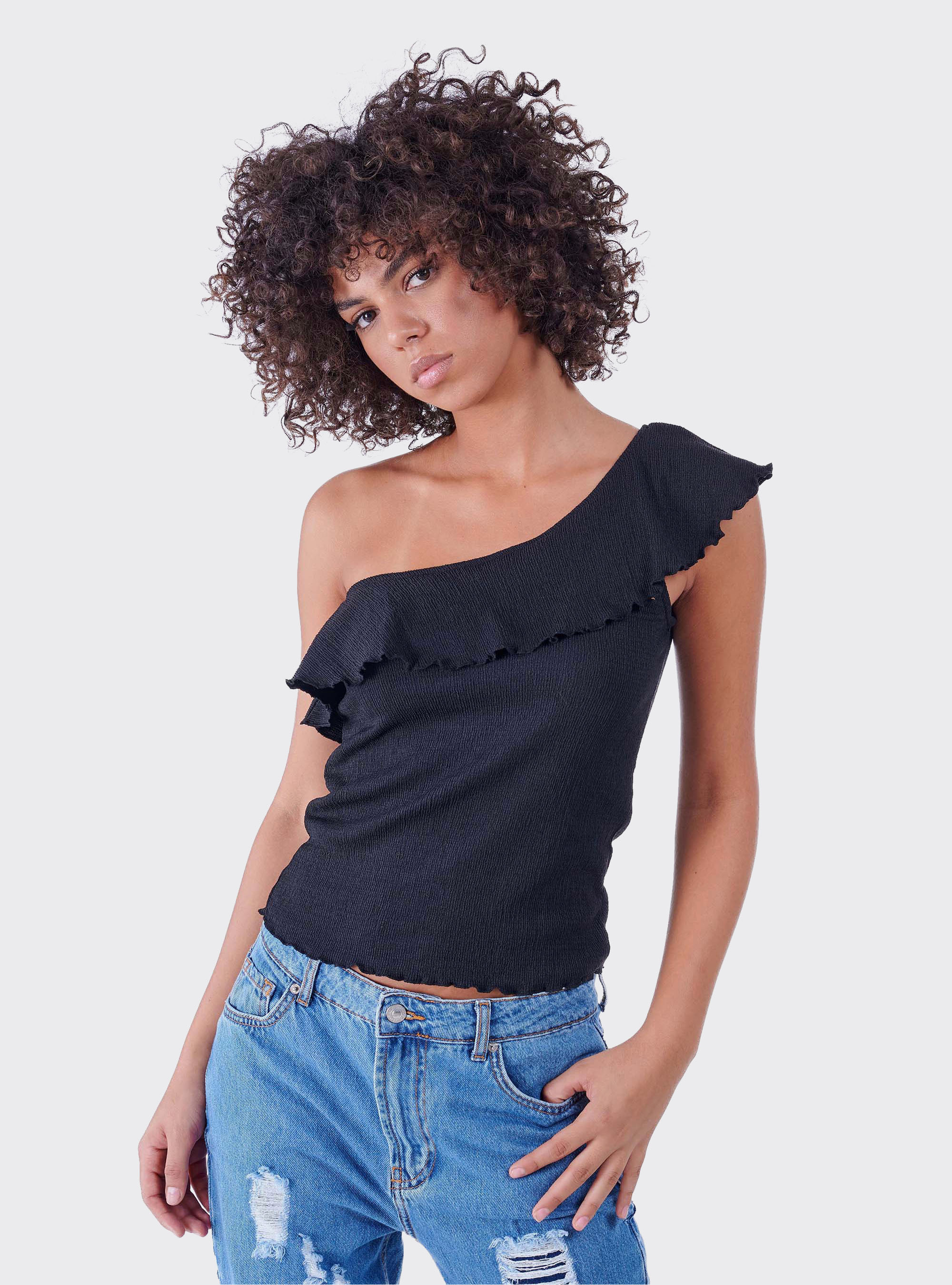 Top monospalla in tessuto elasticizzato, NERO