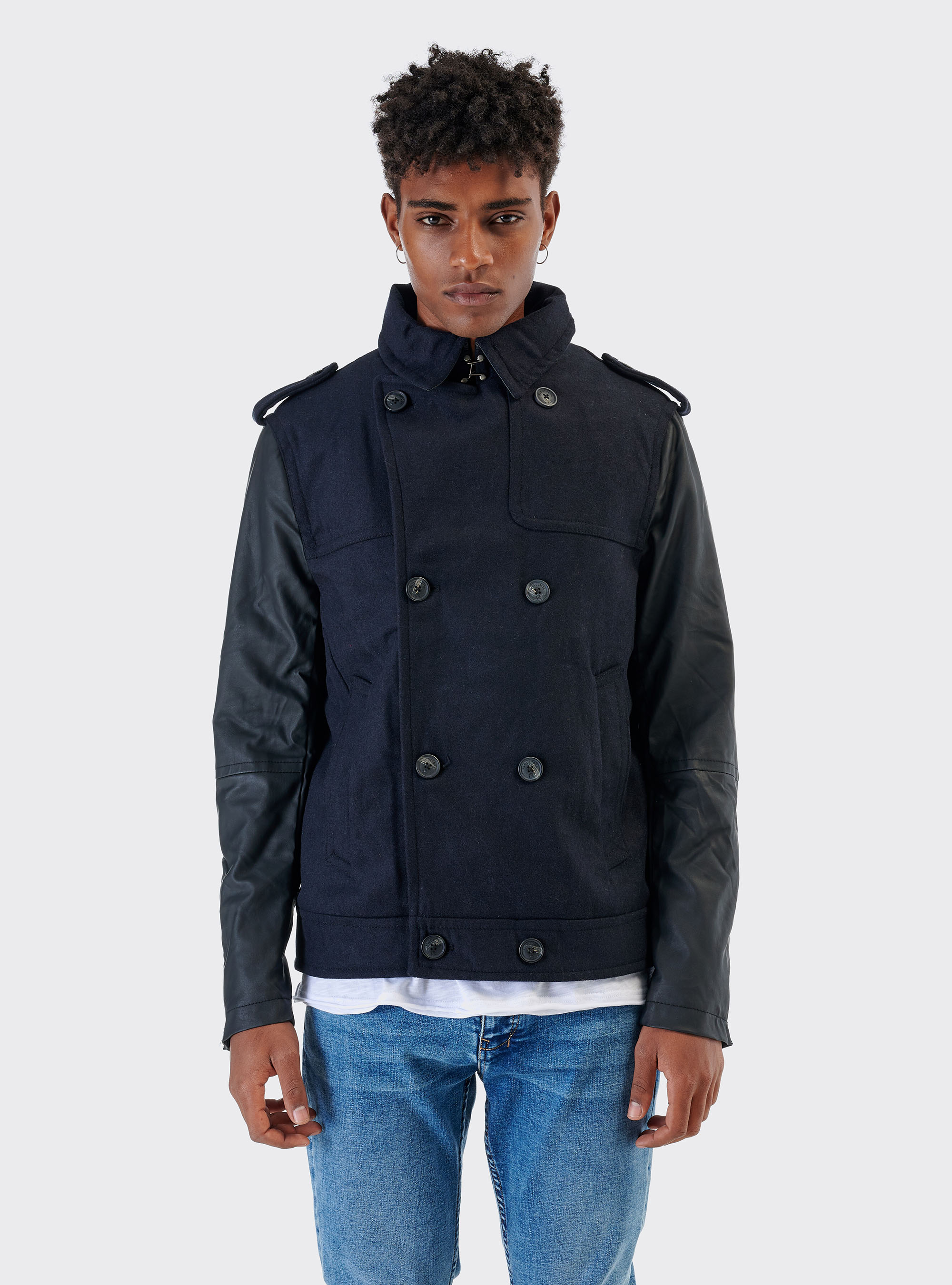 Giubbino con maniche effetto pelle, BLU MARINO