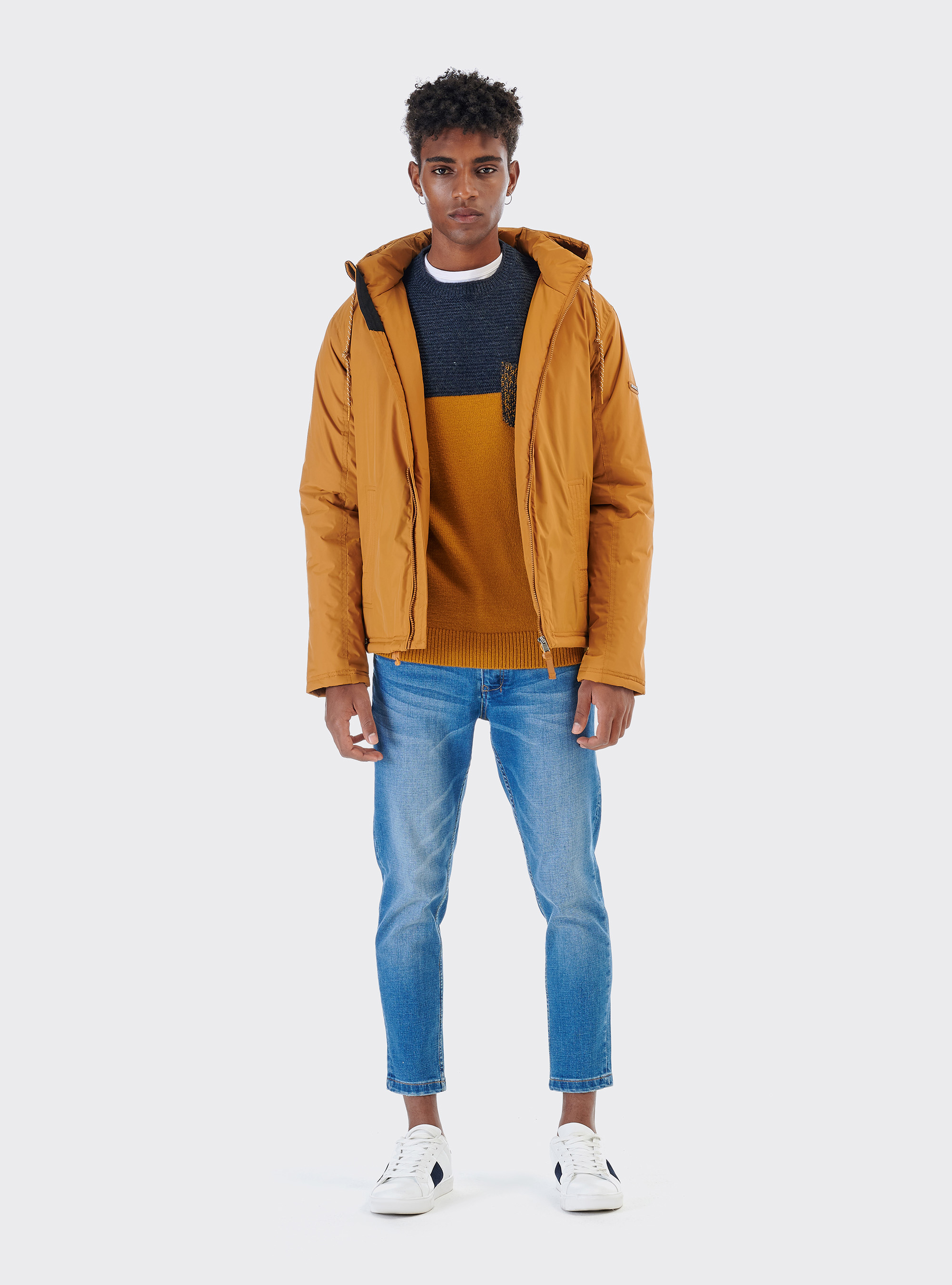 Pullover color block in misto lana con taschino, BLU MELANGE