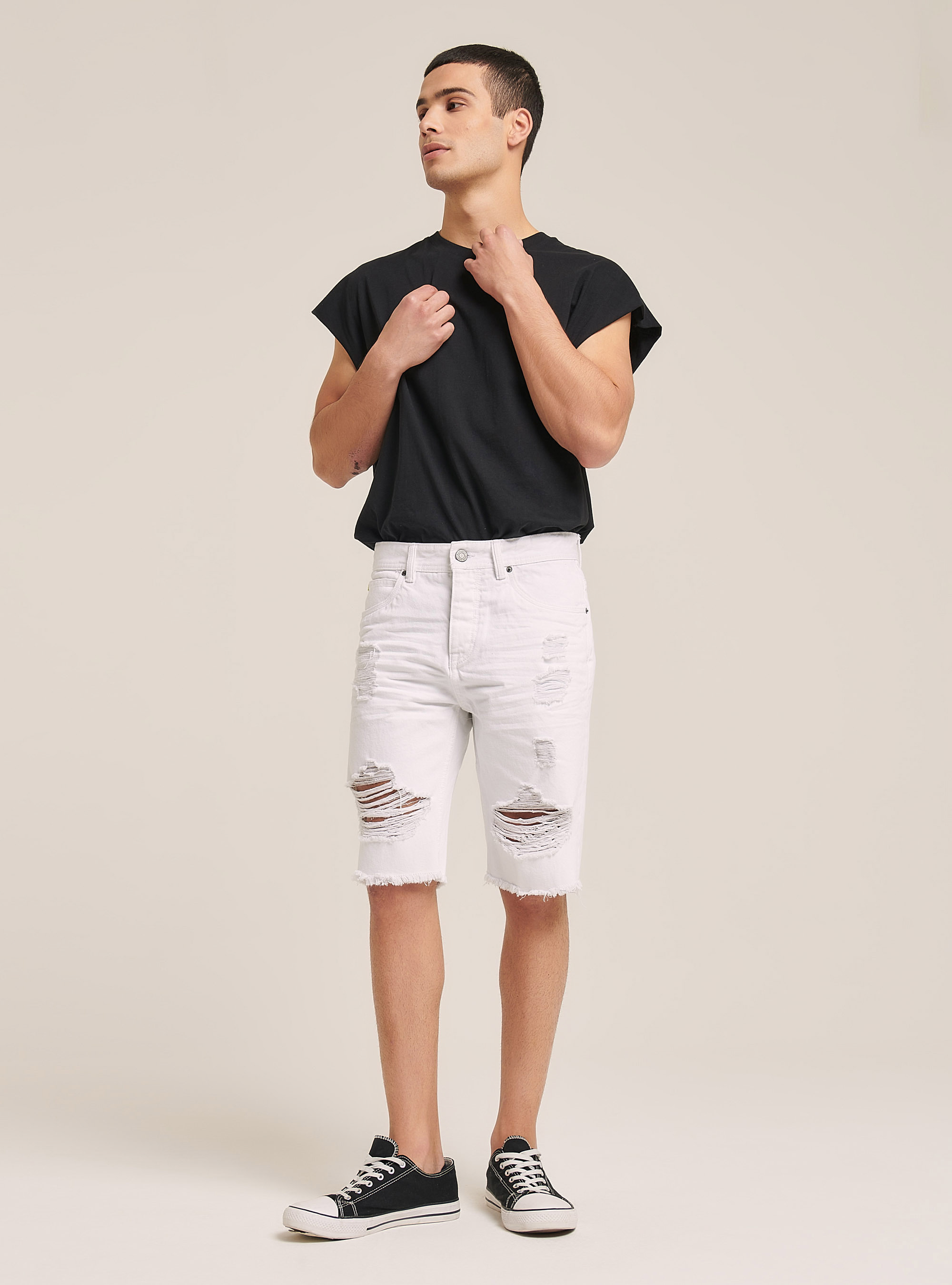 Denim bermuda shorts with rips, WHITE