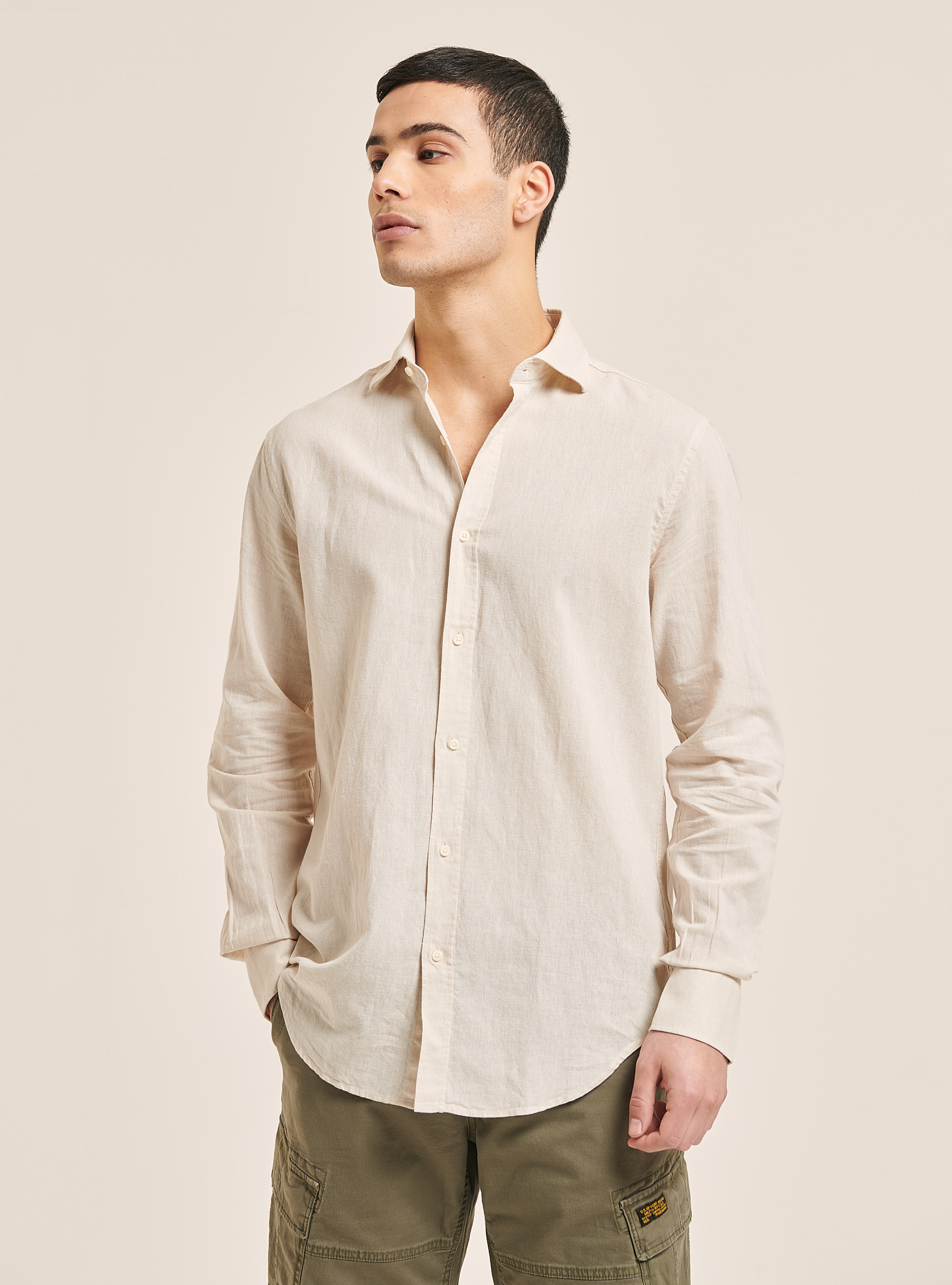 Plain linen shirt with long sleeves, C141 CREAM