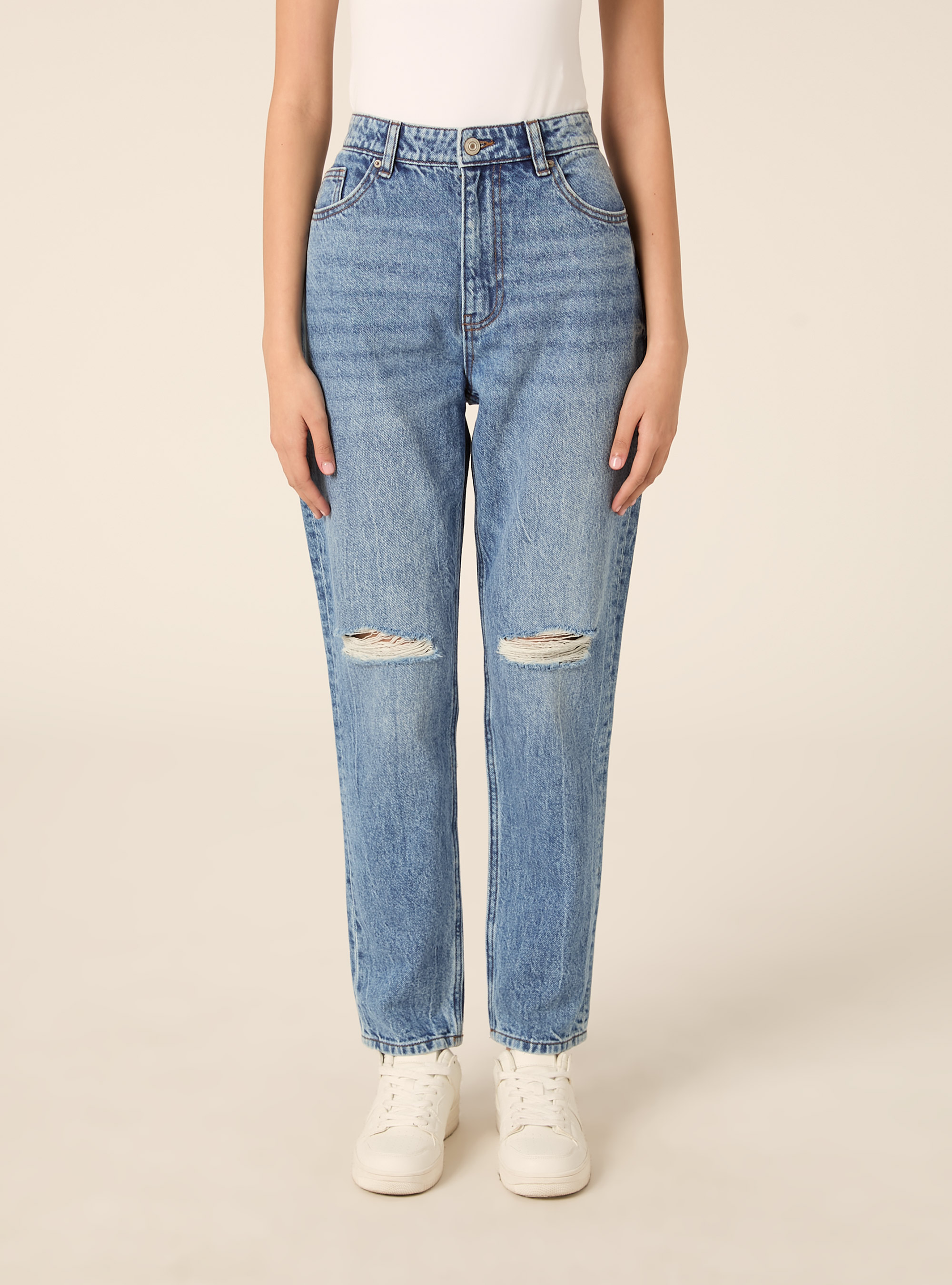 Mom fit jeans with rips, D002 MEDIUM DARK BLUE