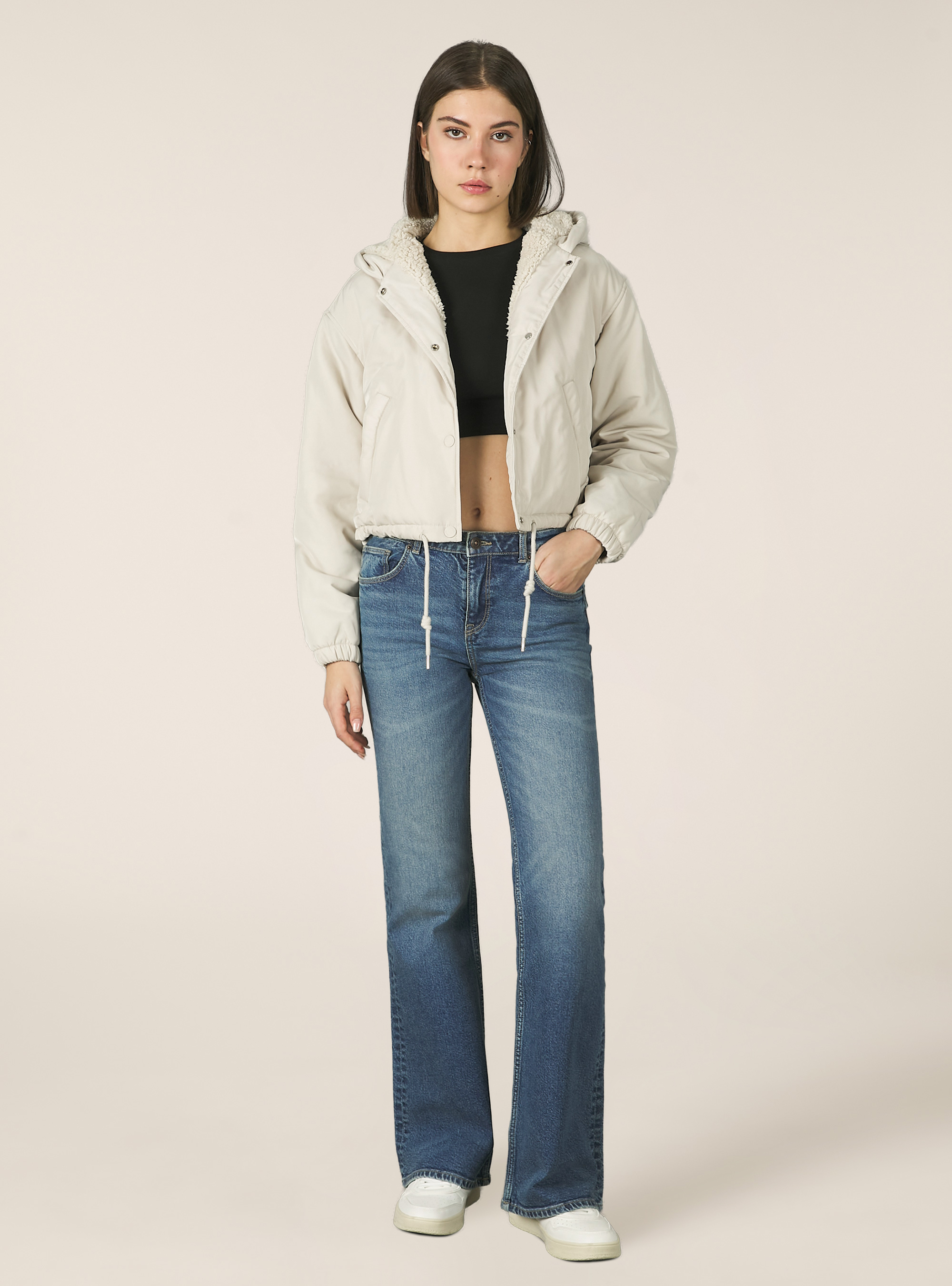 Cropped jacket with teddy lining, BG3 BEIGE LIGHT