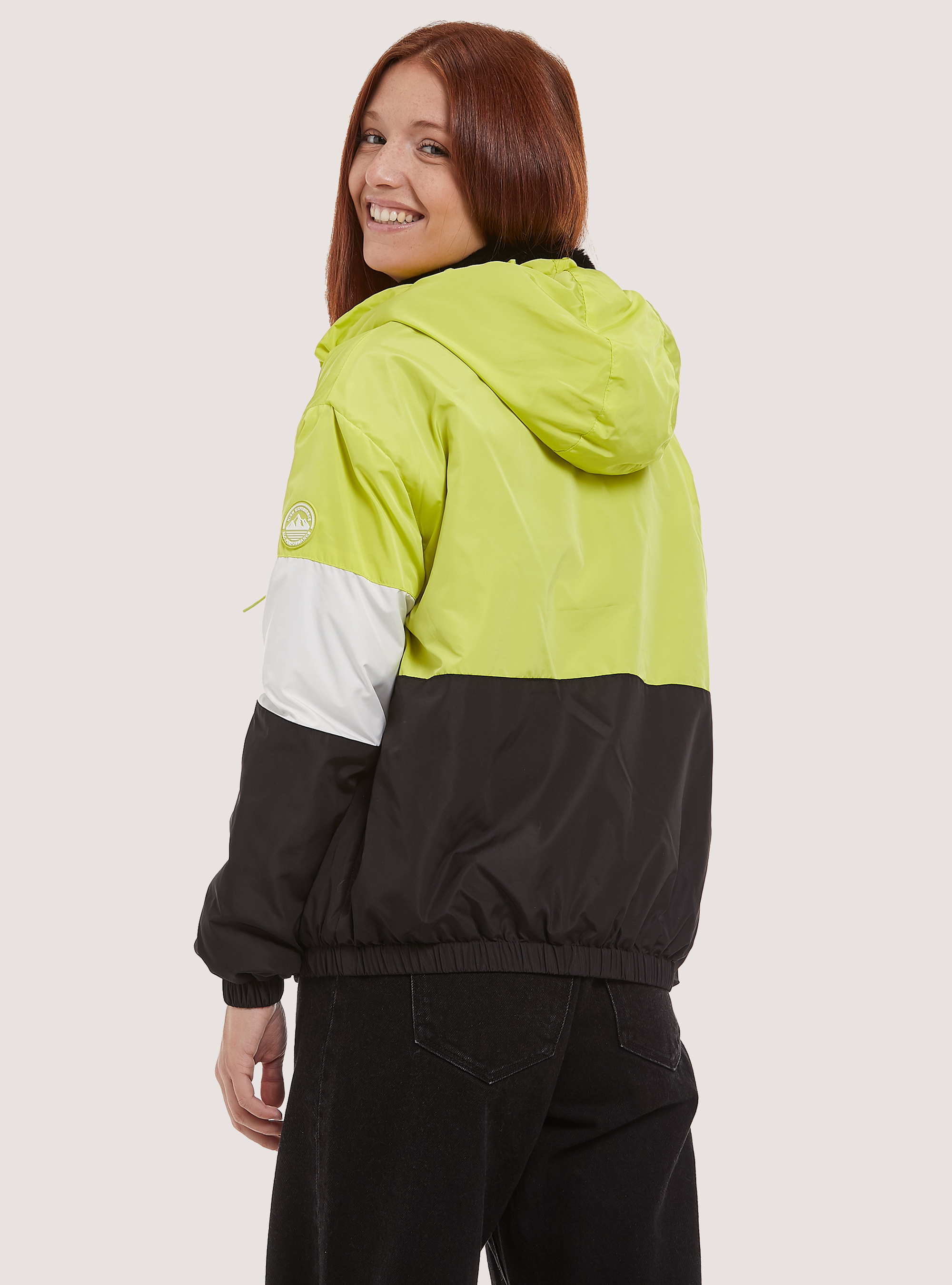 Colour block bomber jacket with faux fur lining, BK1 BLACK