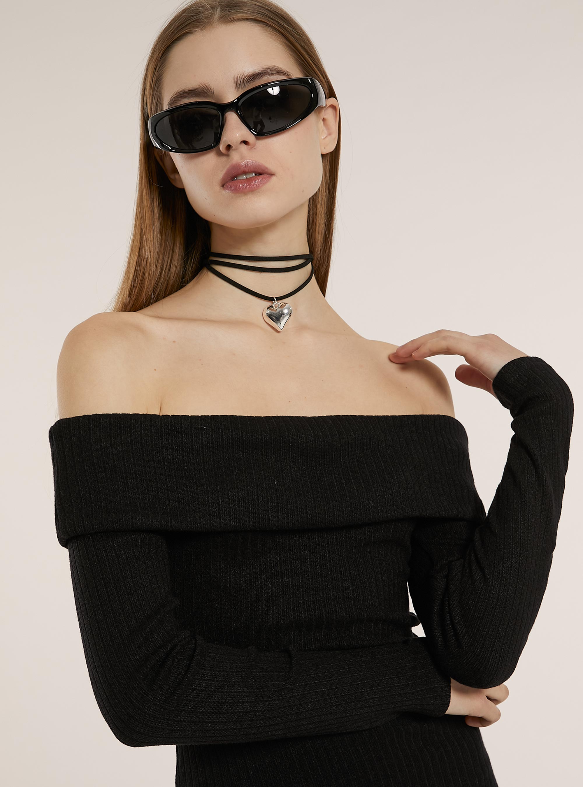 Long knit dress with Bardot neckline, BK1 BLACK