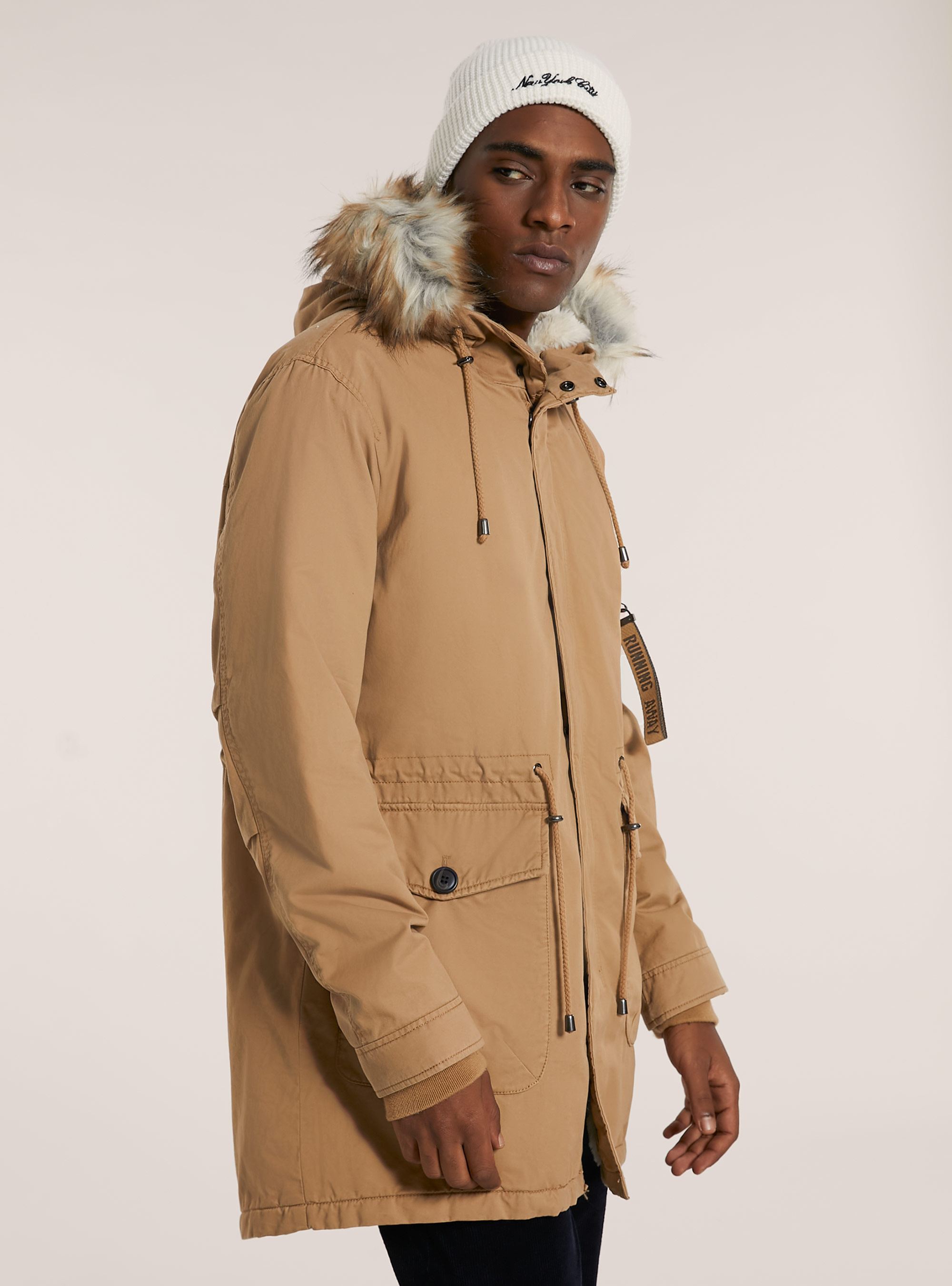 Giubbotto parka con cappuccio e interno agnellato, TABACCO