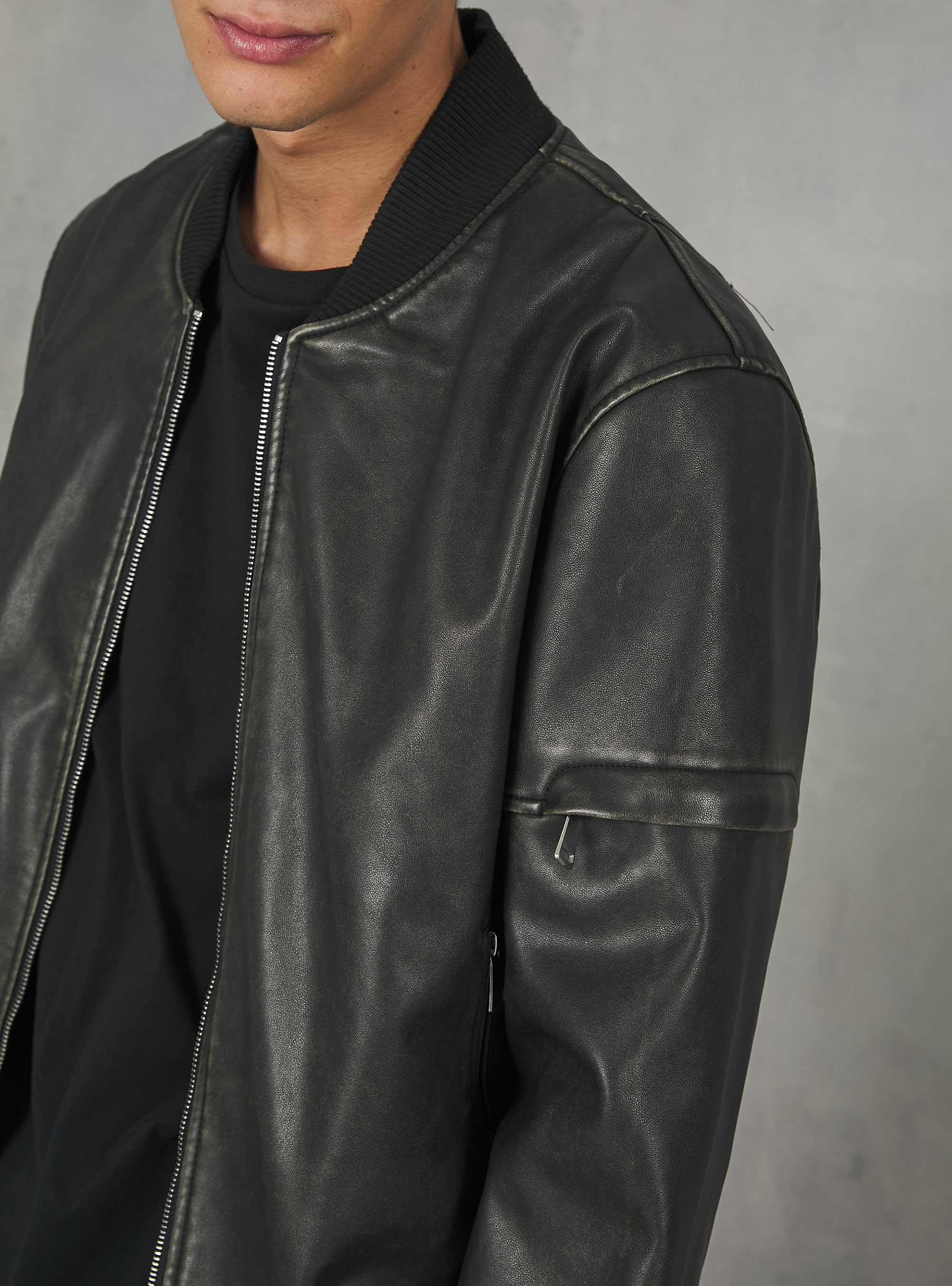 Getragene Bomberjacke mit Ledereffekt, BK3 BLACK CHARCOAL